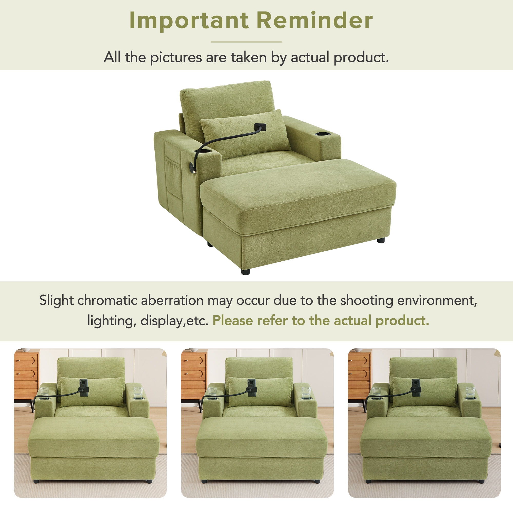 Modern Style Armchair Chaise Lounge Sofa Couch With Movable Storage Ottoman, USB Ports, Cup Holders, Phone Holder, Side Pockets