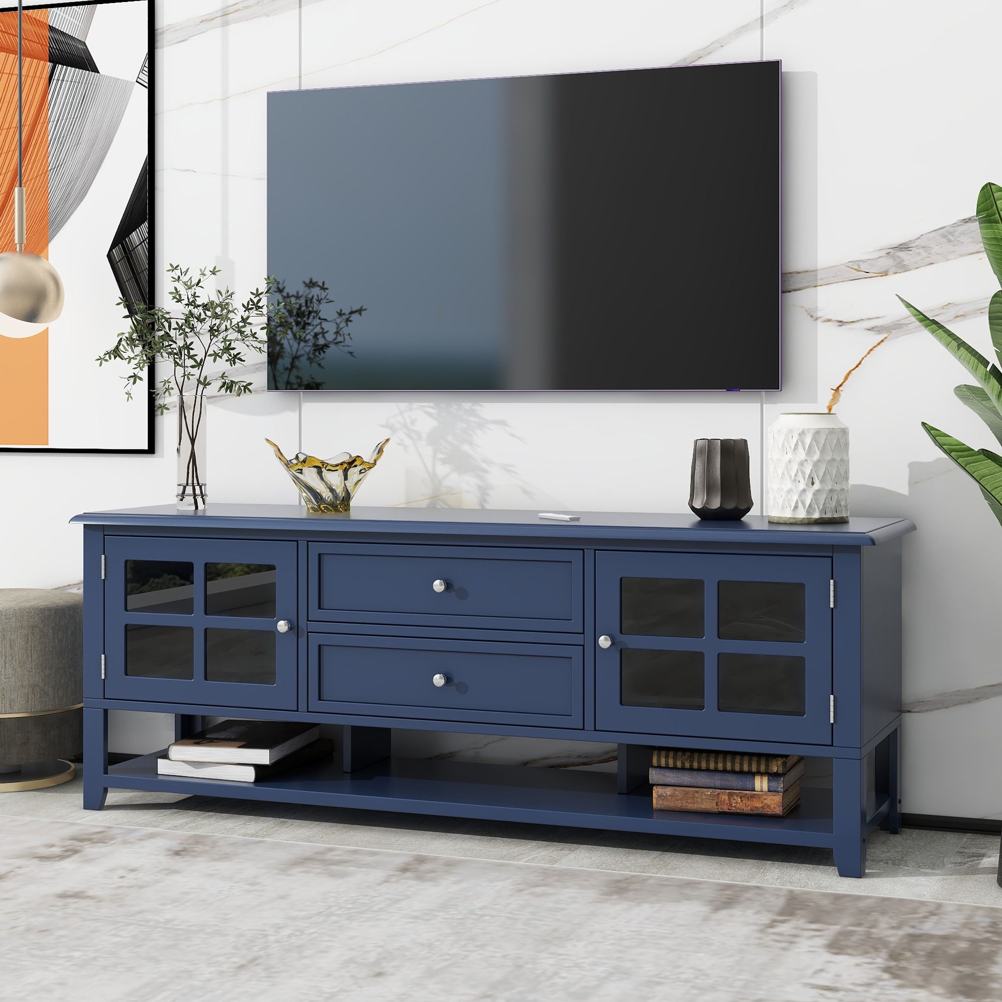 TV Stand, Entertainment Center With Dual Drawers And Hidden Storage, Cabinet With Soft Closing Doors And Sleek Panel Design