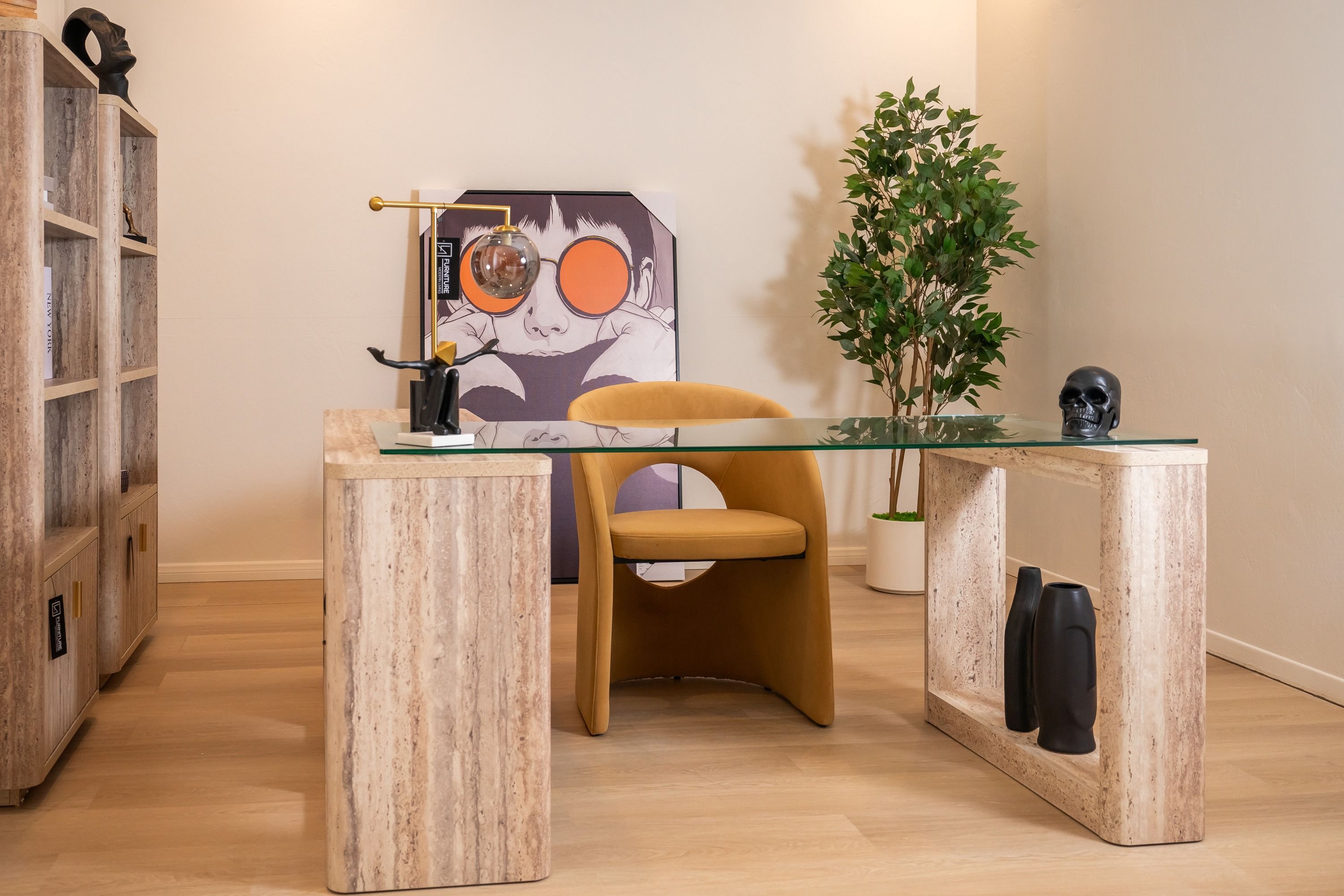 Nova Domus Roma - Modern Glass + Faux Travertine Reversible Desk