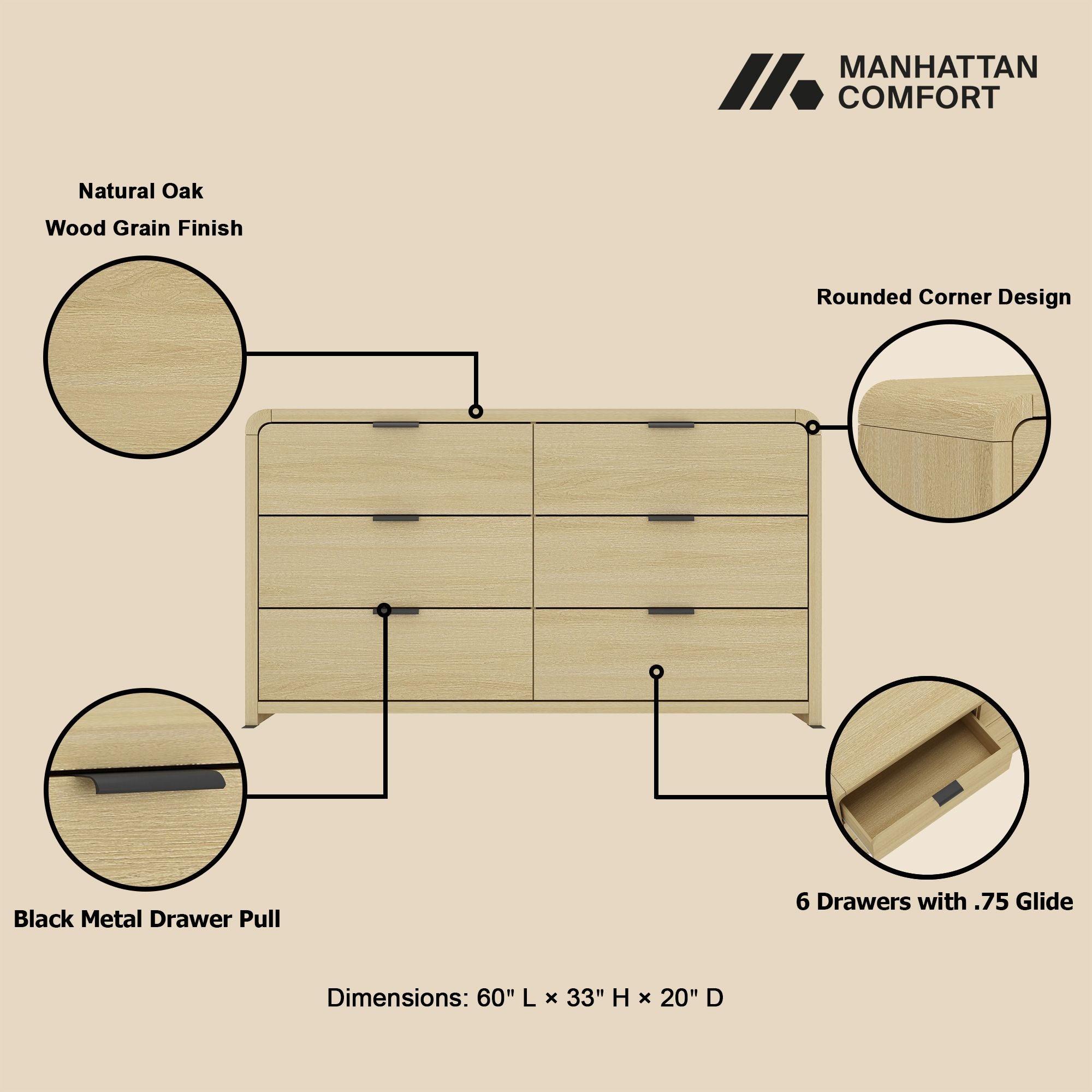 Grace Modern 60" Double Dresser with 6 Drawers