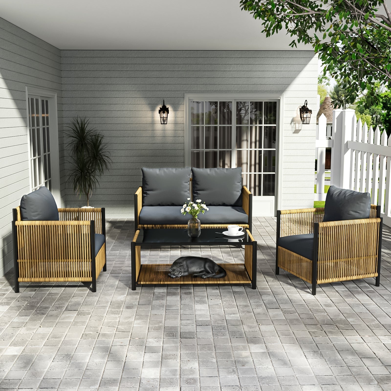 Patio 4-Piece Brown PE Wicker Sofa Set with Grey Cushions