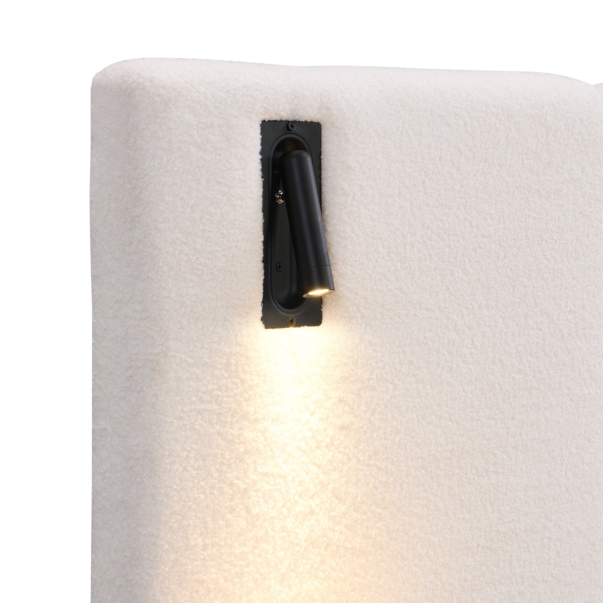 Chic Boucle Upholstered Bed with Integrated Lights and Shelves, White, King - Best Buy Furniture