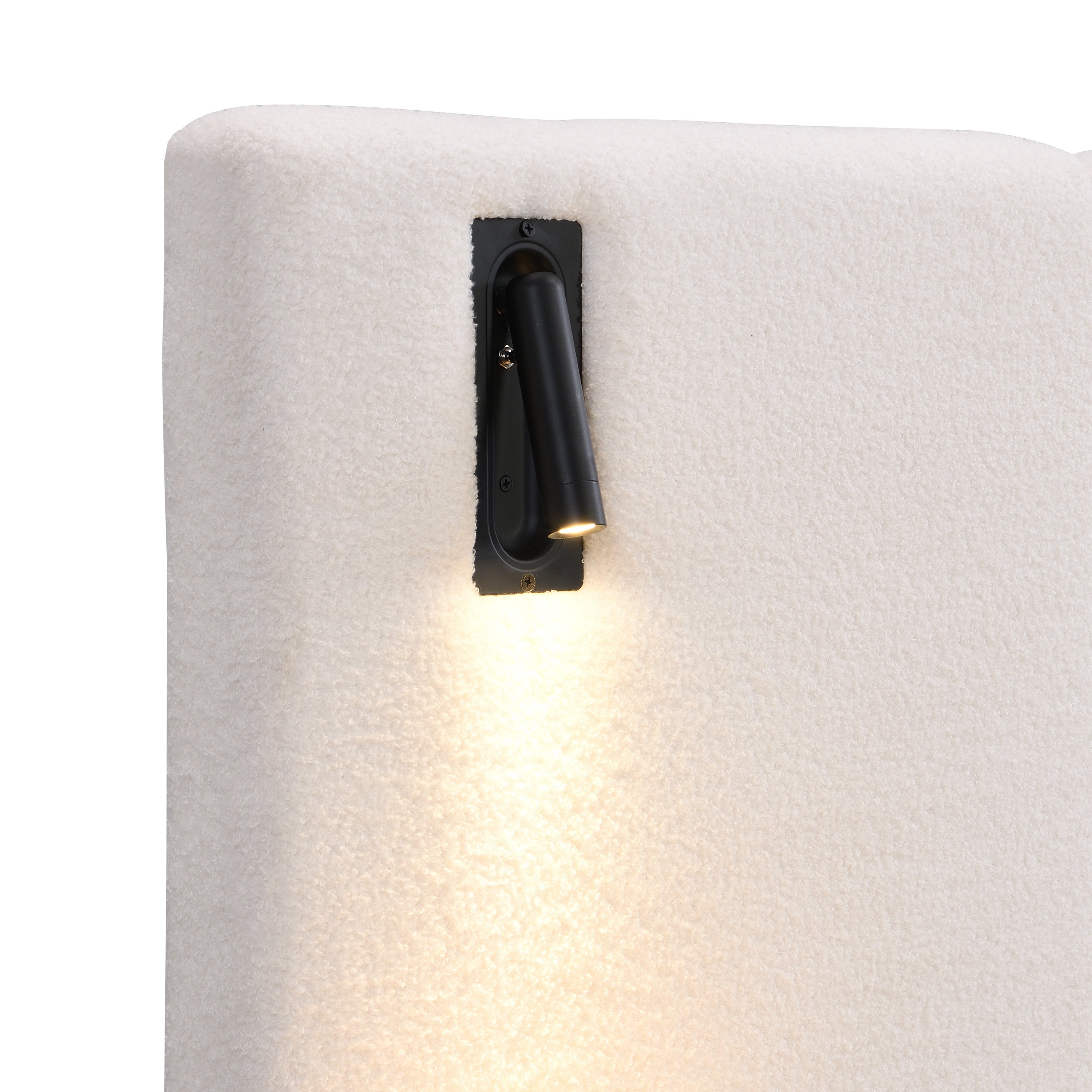 Chic Boucle Upholstered Bed with Integrated Lights and Shelves, White, King - Best Buy Furniture