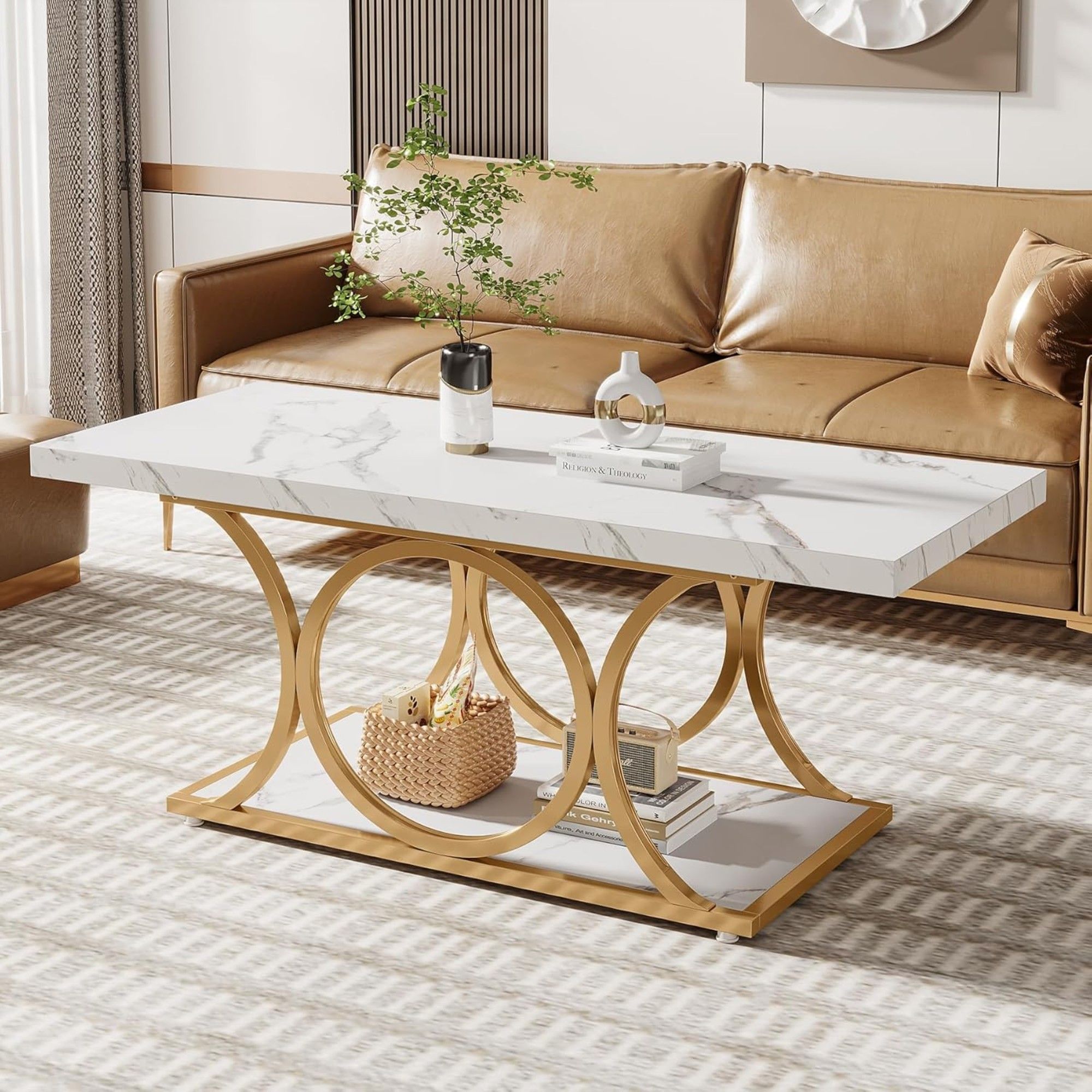 Rectangle Coffee Table, 2 Tier With Geometric Legs, Furniture With Storage Shelf - White / Gold
