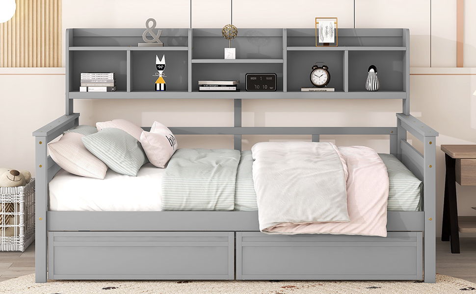 Daybed, Slat Support, With Bedside Shelves And 2 Drawers