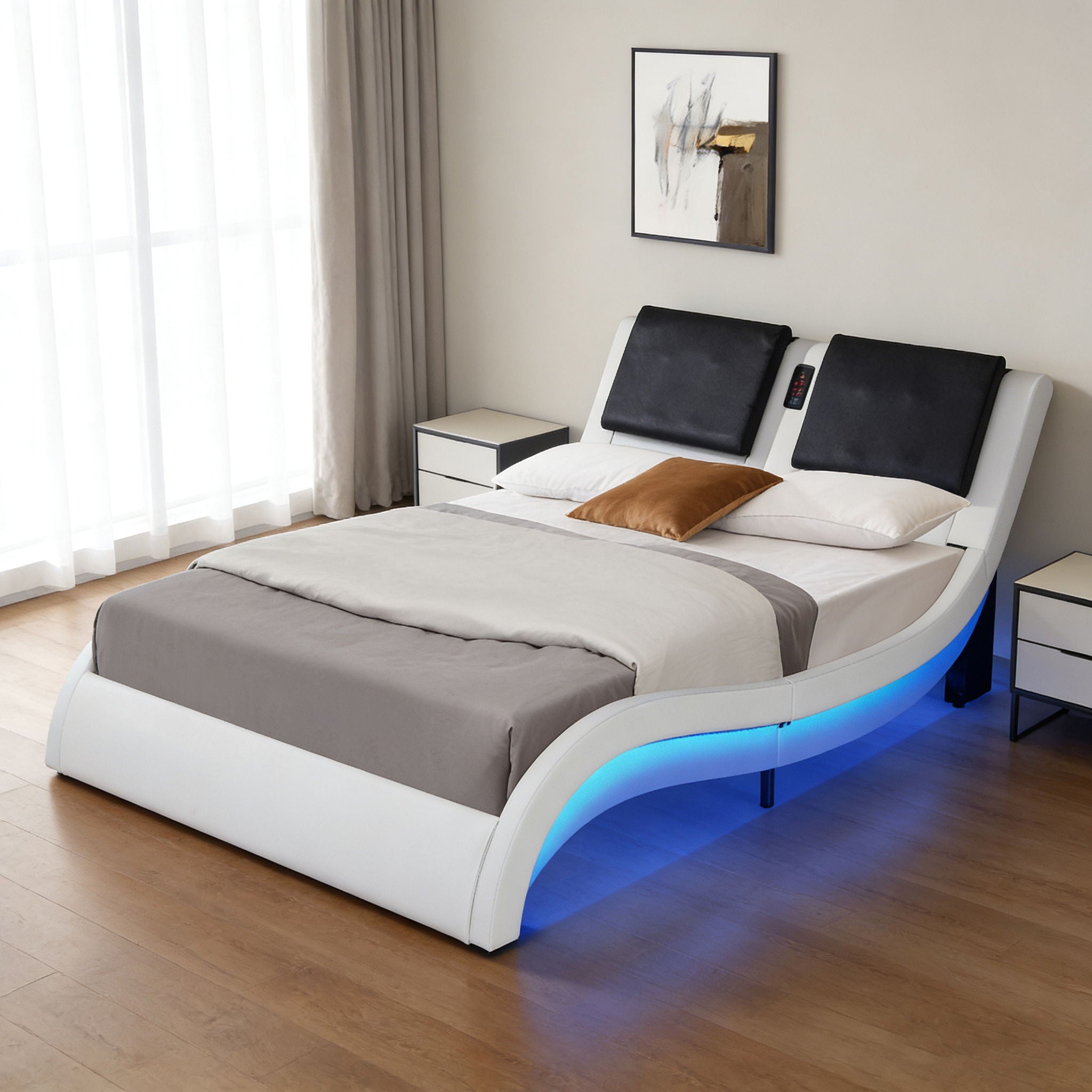 Platform Bed Frame With LED Lighting, Bluetooth Music, Vibration Massage