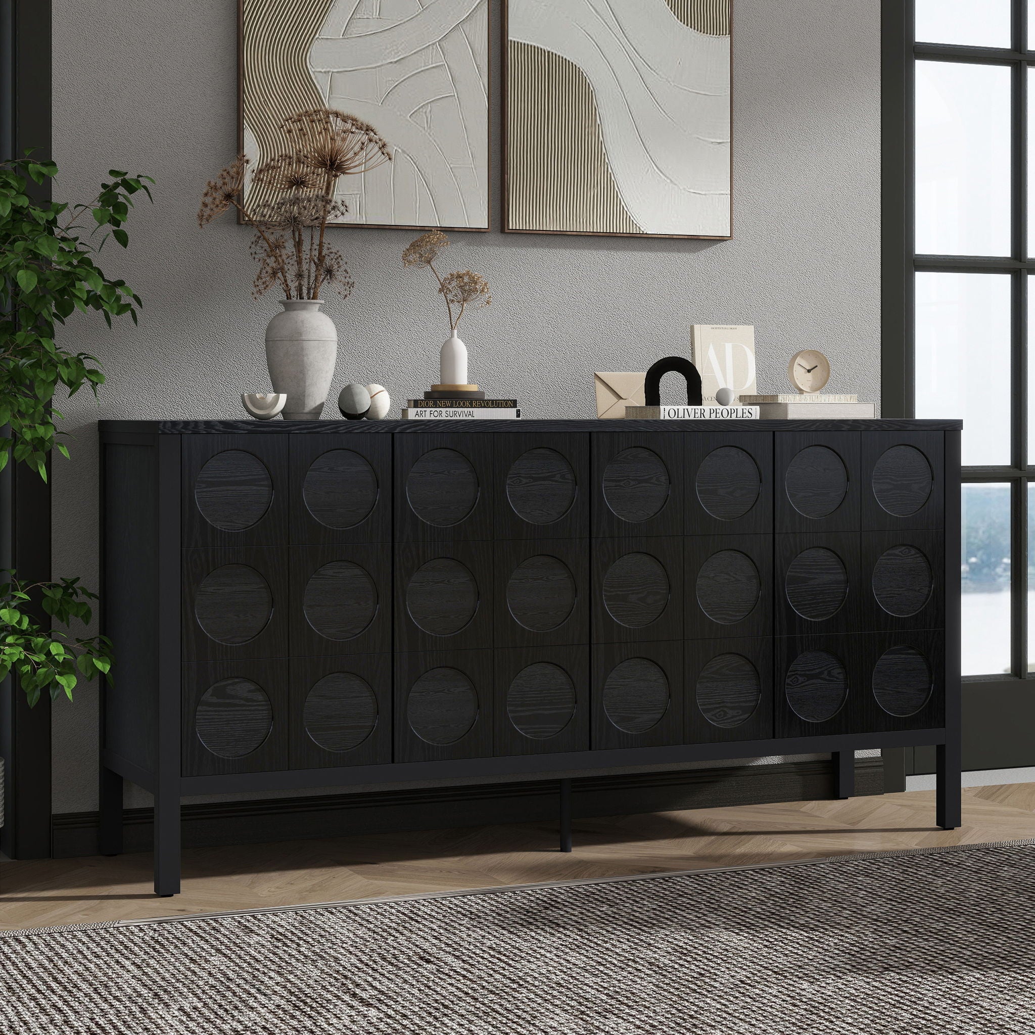 Stylish Storage Cabinet Sideboard With Unique Geometric Circle Door Design - Black - Best Buy Furniture