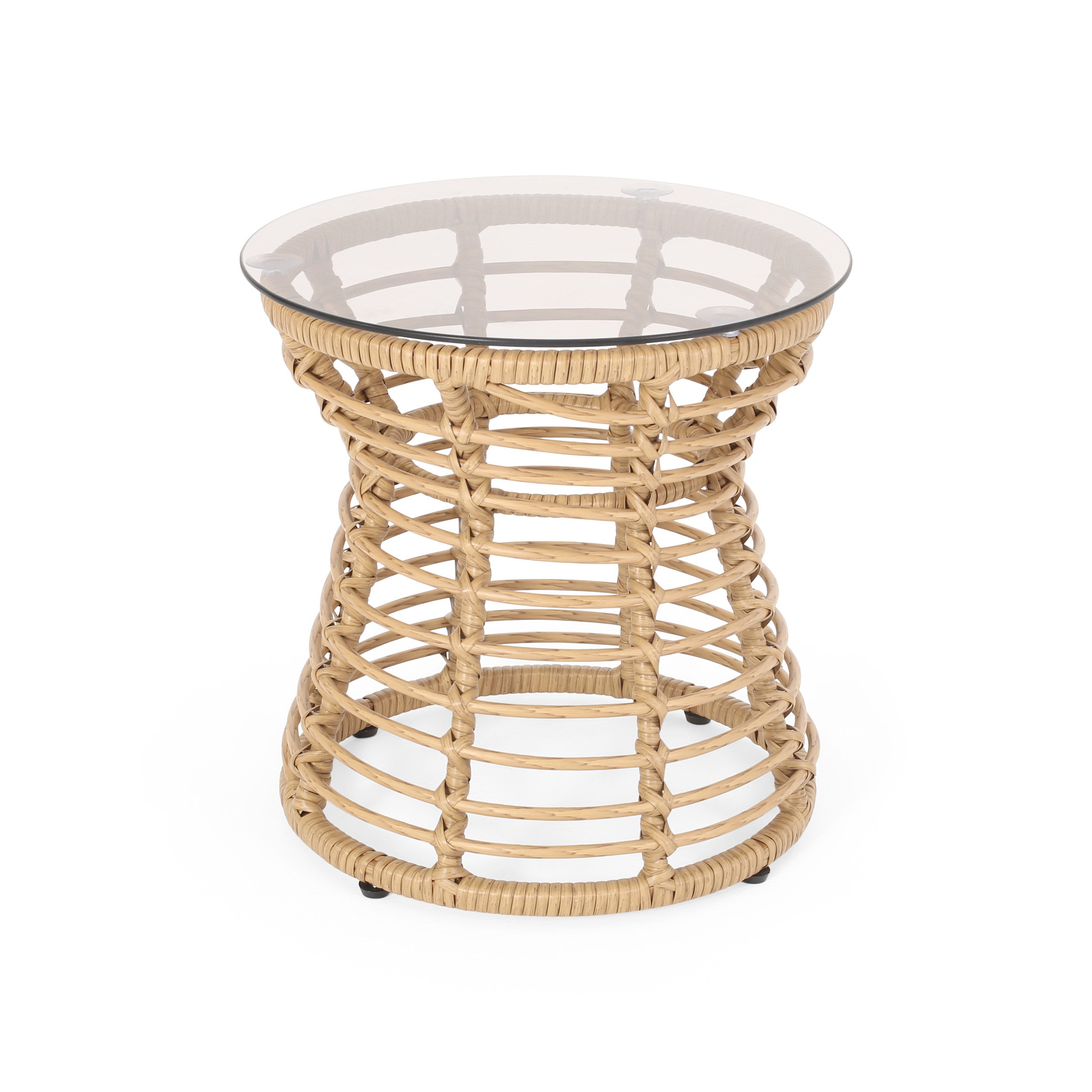 San Pedro Boho Style Side Table with Tempered Glass Top in Light Brown Rattan