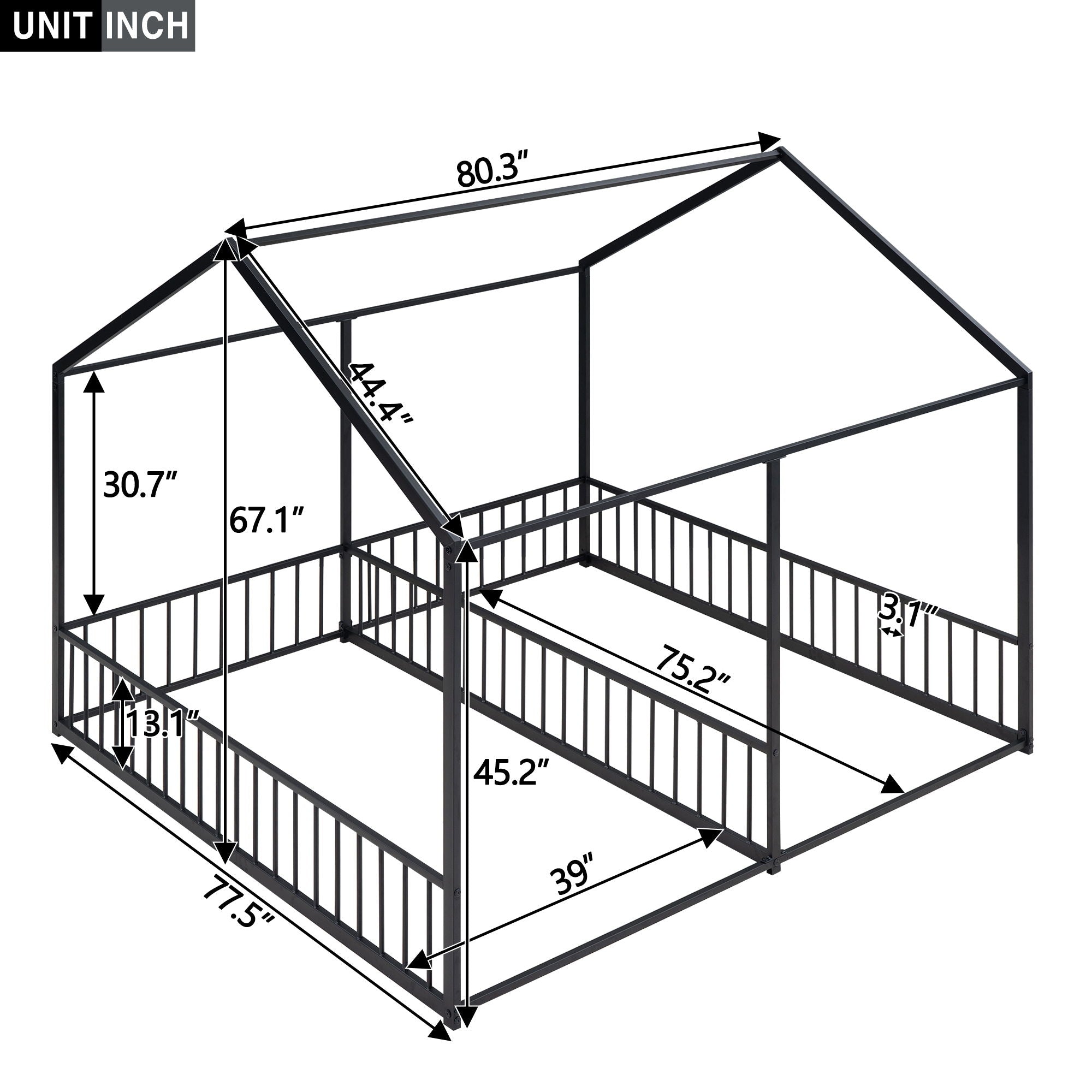 House Platform Beds, 2 Shared Beds, Metal Frame With Guardrails