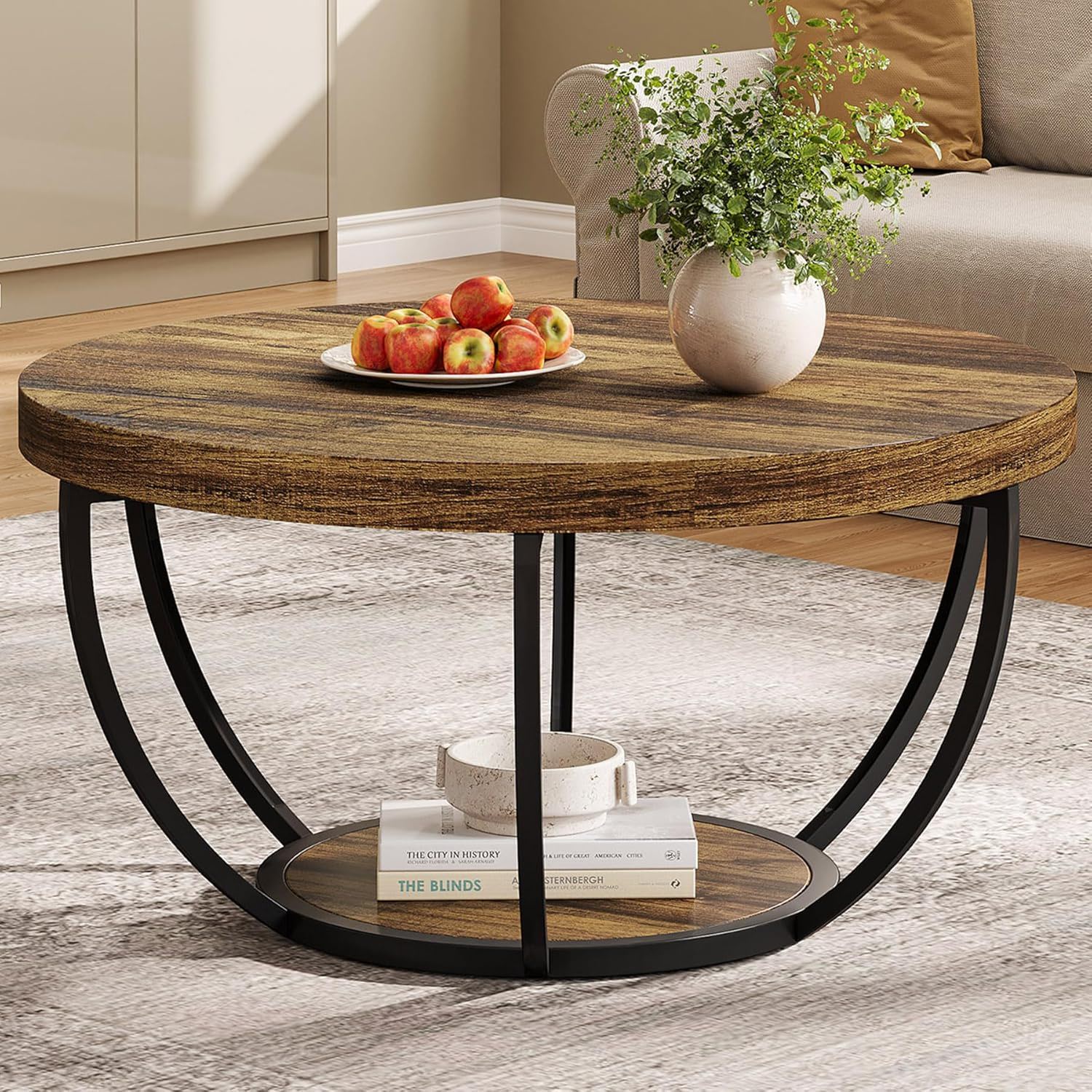 2 Tier Circle Coffee Table With Storage Shelves