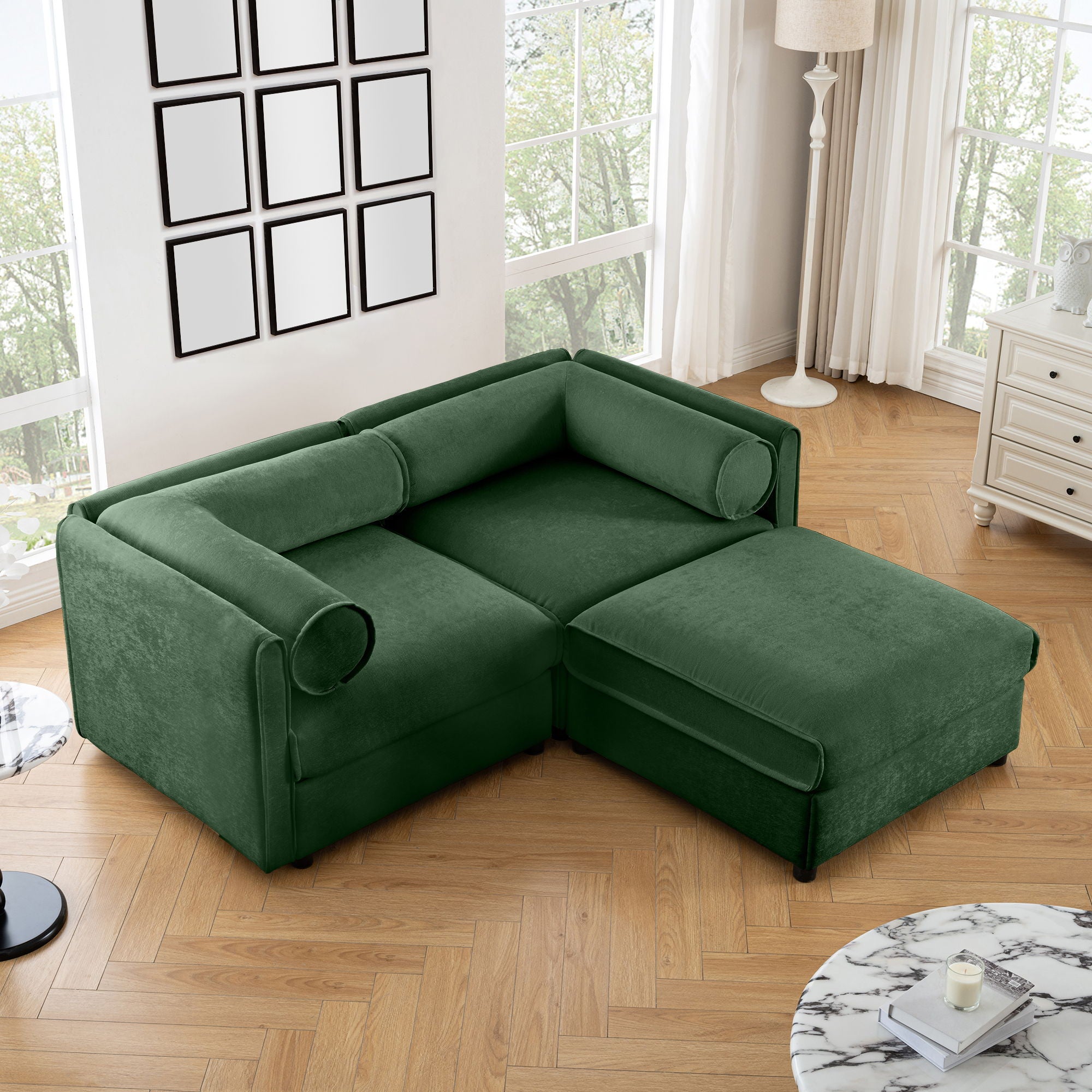 Contemporary Elegant White Chenille Sofa With Storage And Ottoman