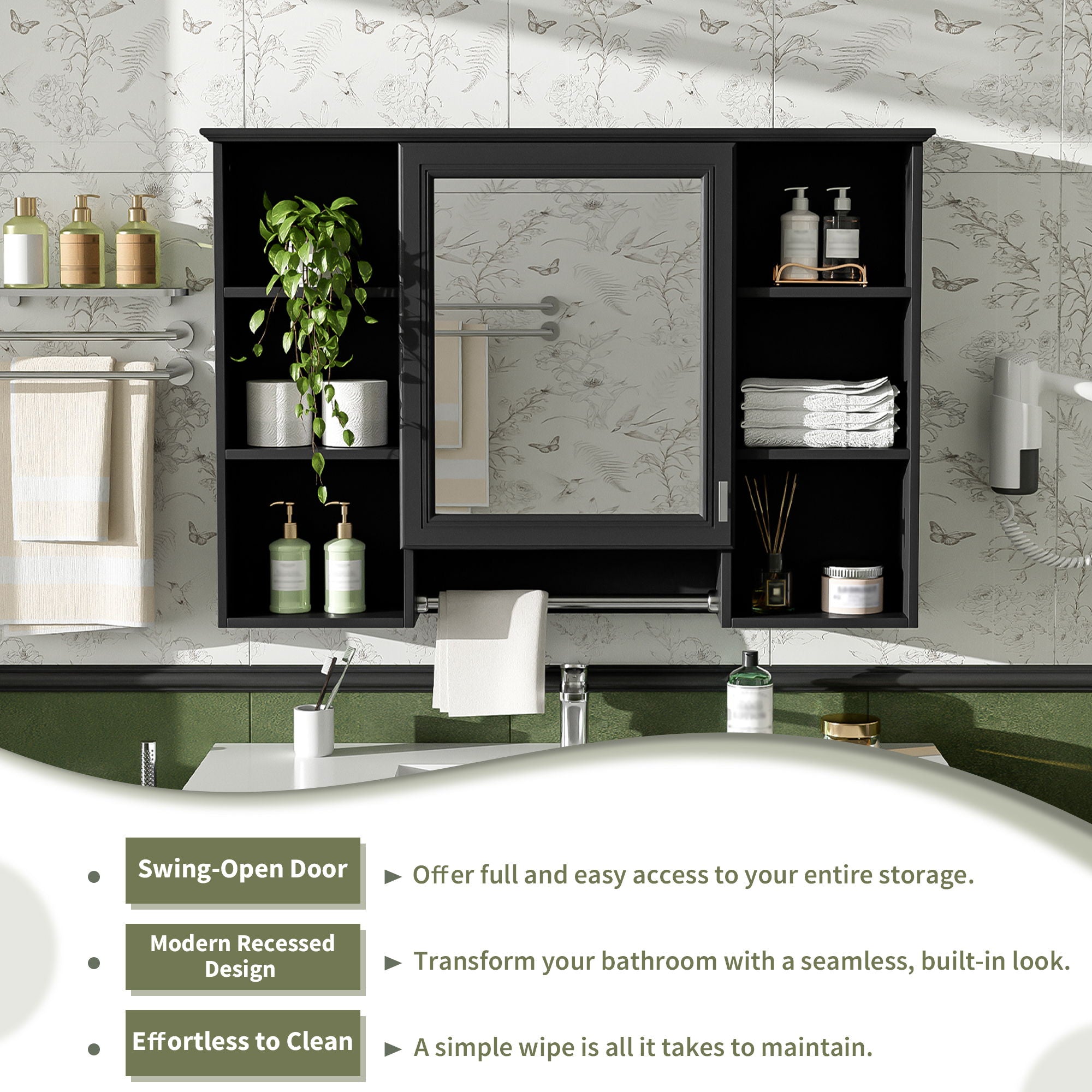 3 In 1 Modern Bathroom Mirror Cabinet With Adjustable Shelf, Soft Close Door, High Definition Mirror & Towel Bar