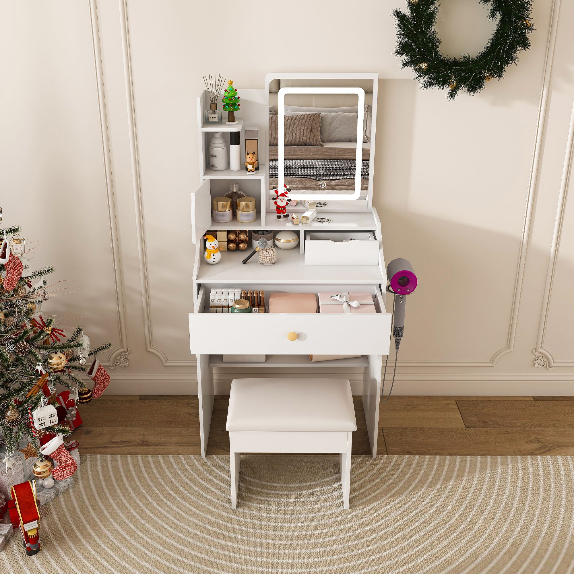 LED Vanity Mirror With Stool, 2 Drawers & 5 Storage Cabinets, Adjustable Lighting Mdf Dressing Table For Bedroom - White