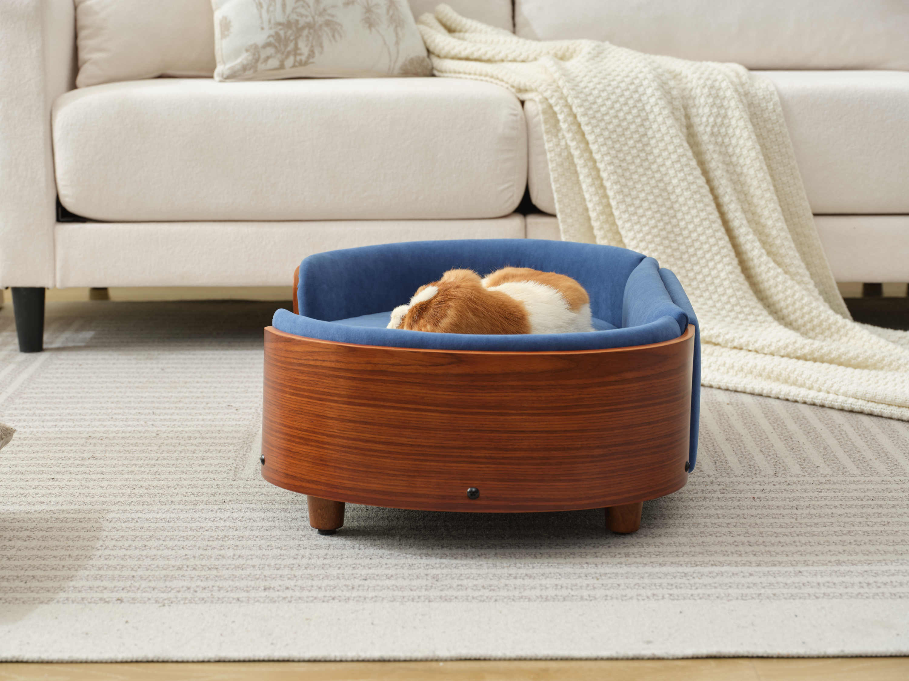 Scandinavian Style Elevated Dog Bed Mid Size Dark Blue Velvet