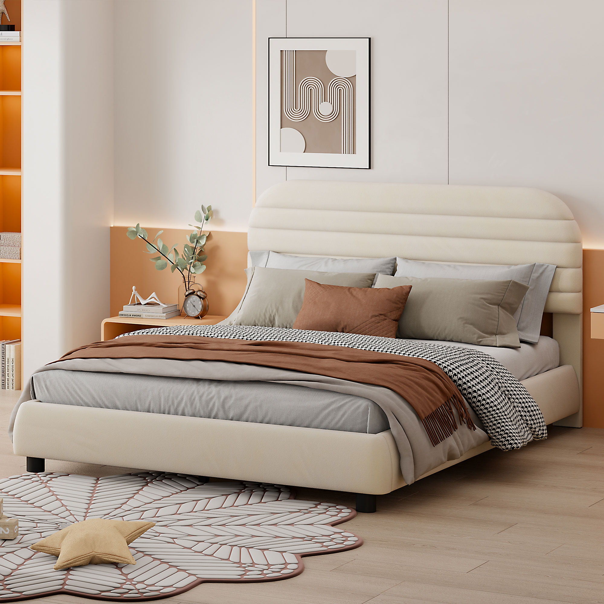Upholstered Platform Bed Frame And Stylish Curve Shaped Design