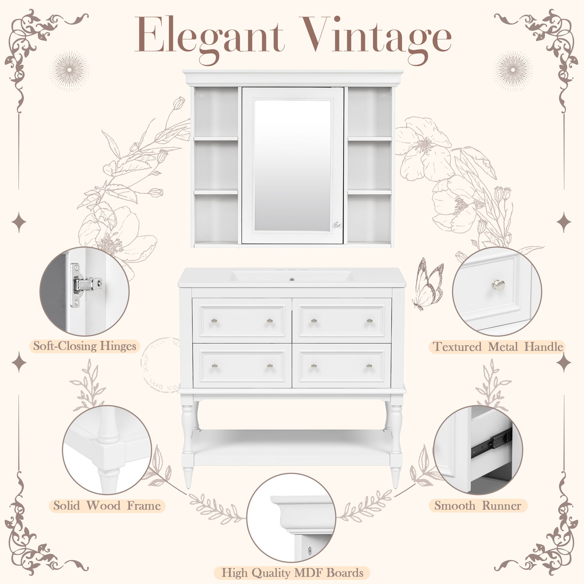 Bathroom Vanity With Medicine Cabinet, Storage Cabinet With 4 Drawers, Adjustable Shelf Mirror