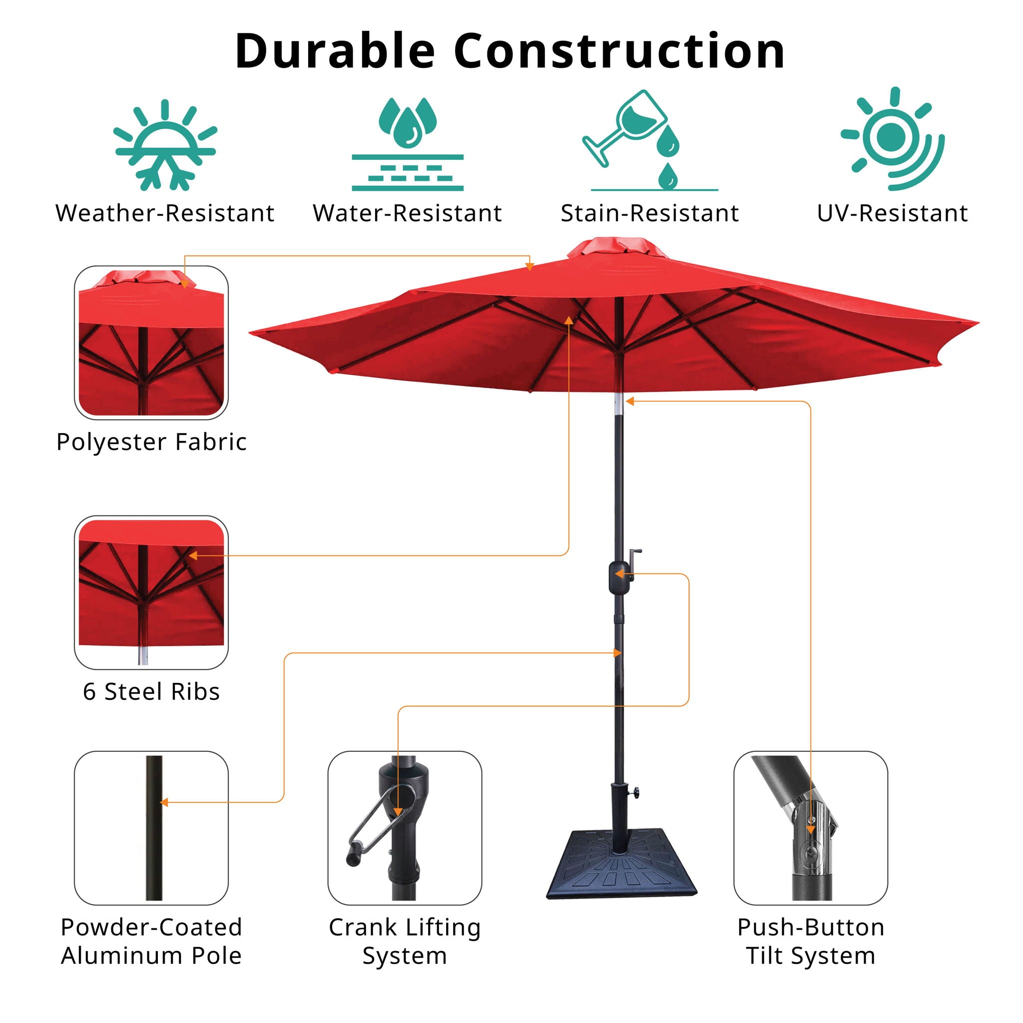8.8' Outdoor Aluminum Patio Umbrella With 42 Pound Square Resin Umbrella Base