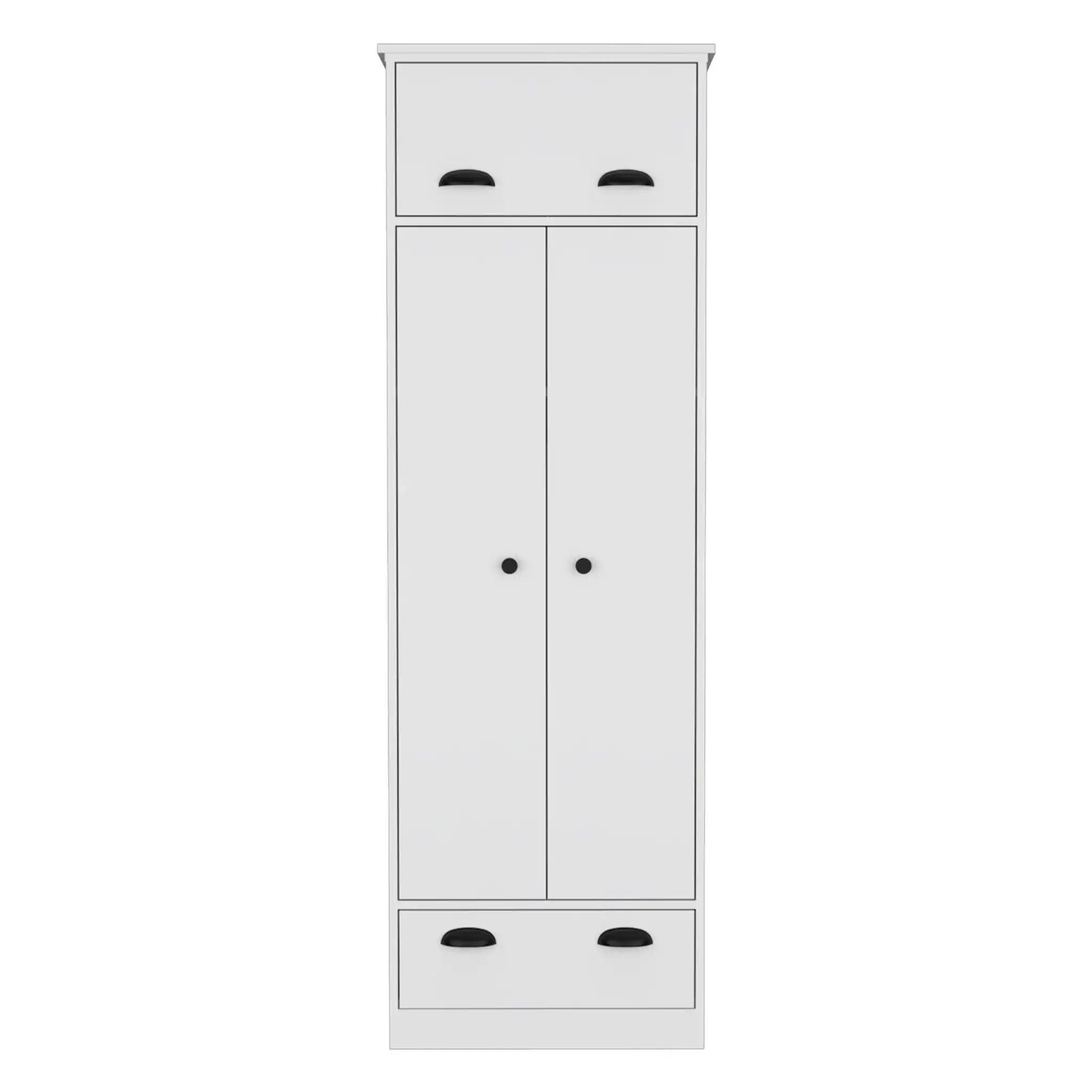 Dresser Closet With Upper Storage Covered With 1 Door, 2 Central Shelves, 1 Tube For Hanging Clothes Covered By 2 Doors, 1 Drawer At The Bottom - White