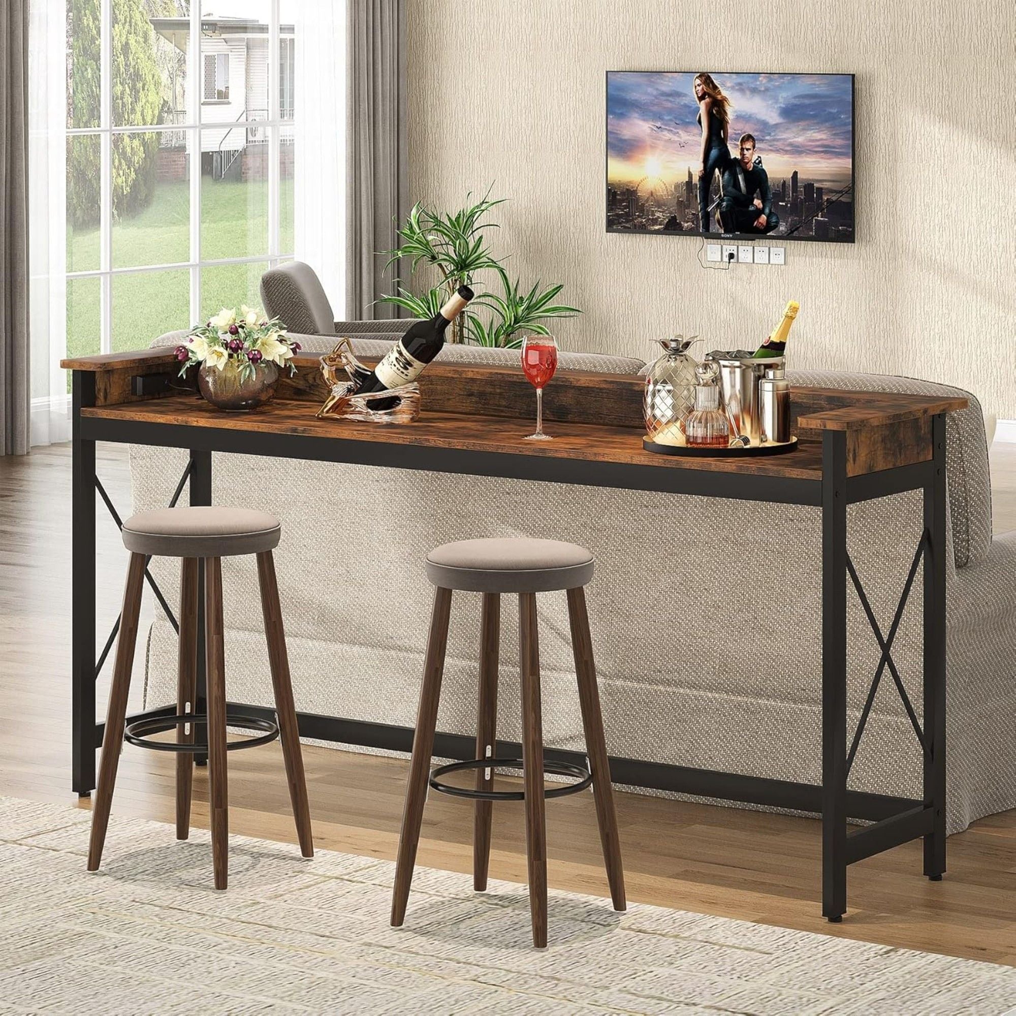 Console Table With Charging Station, Extra Long For Living Hallway - Brown / Black