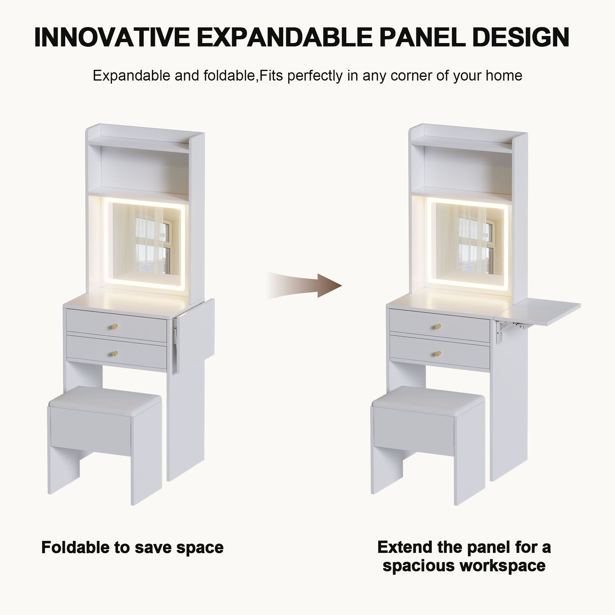Contemporary Small Space Vanity Table Set With Adjustable Lighted Mirror And Storage Chair - White