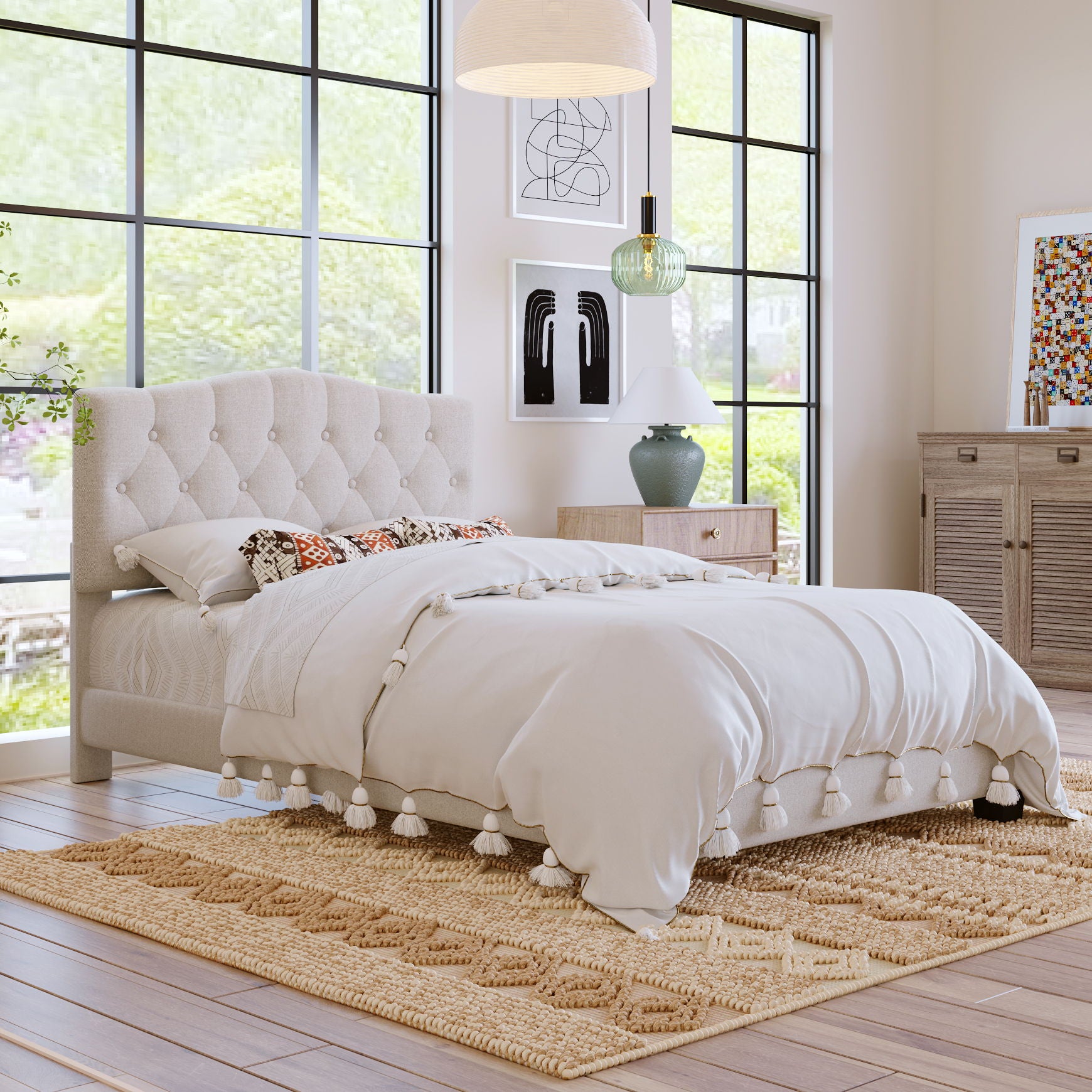Upholstered Platform Bed With Saddle Curved Headboard And Diamond Tufted Details