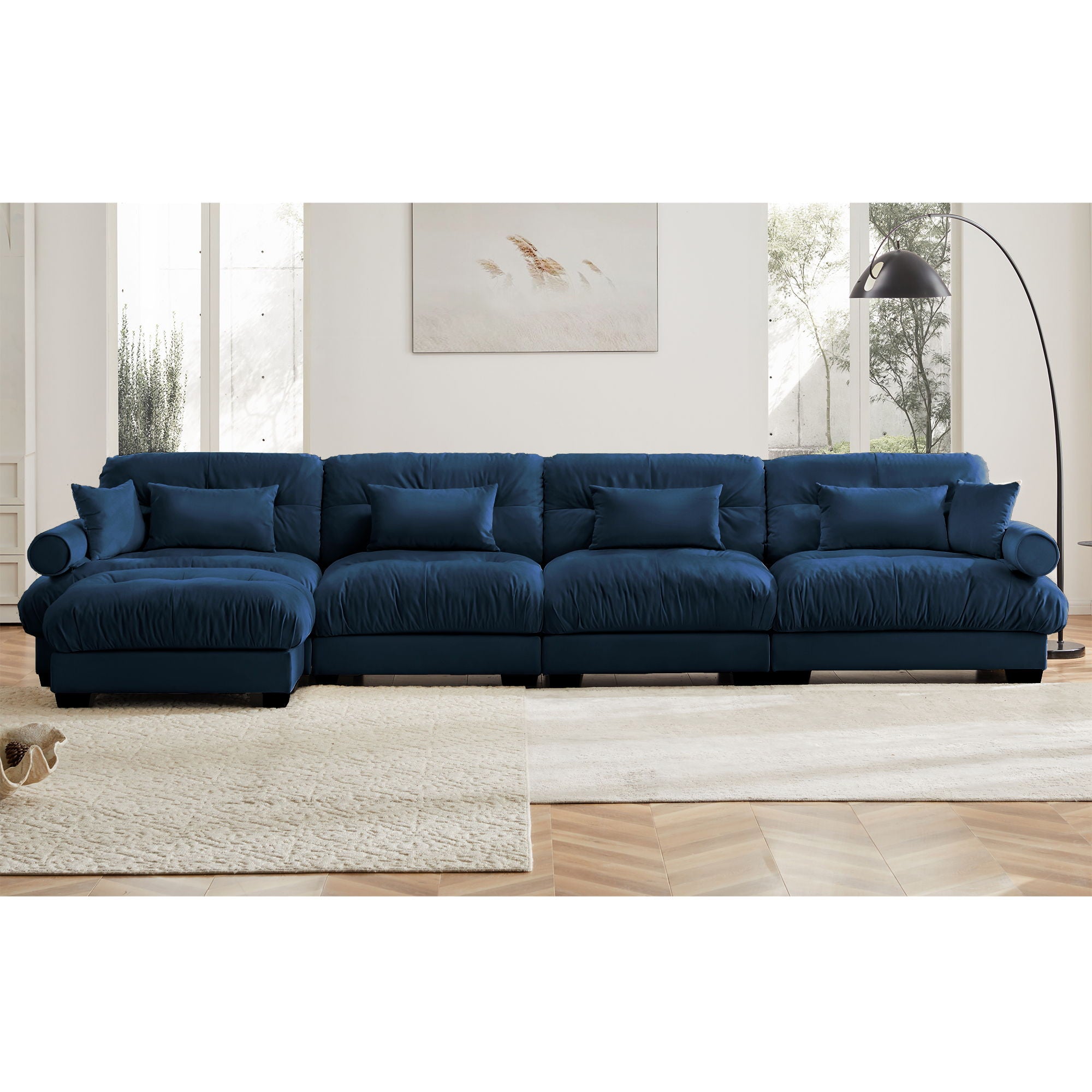 Modern Sectional Sofa With Ottoman, Round Bolster Armrests, Waist And Throw Pillows