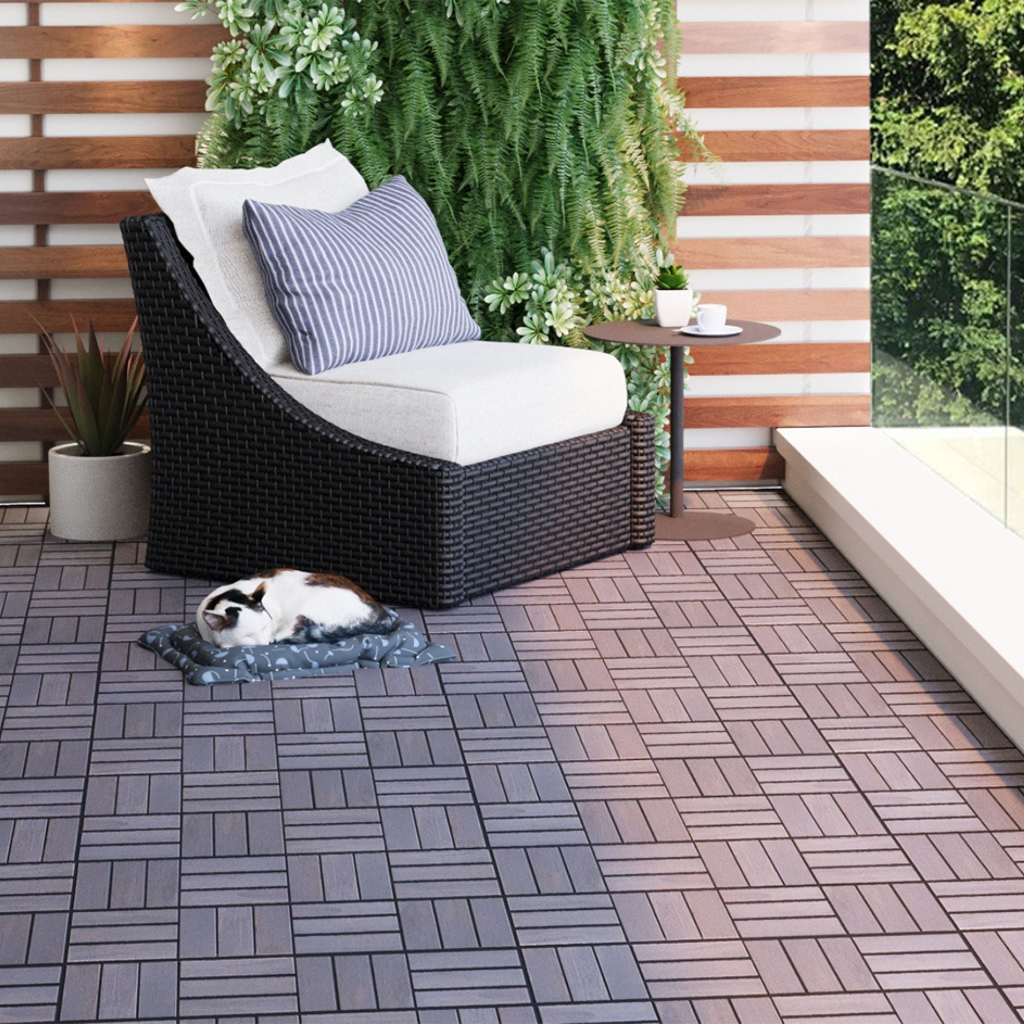 Acacia Wood Interlocking Deck Tiles Checker Pattern For Outdoor Flooring