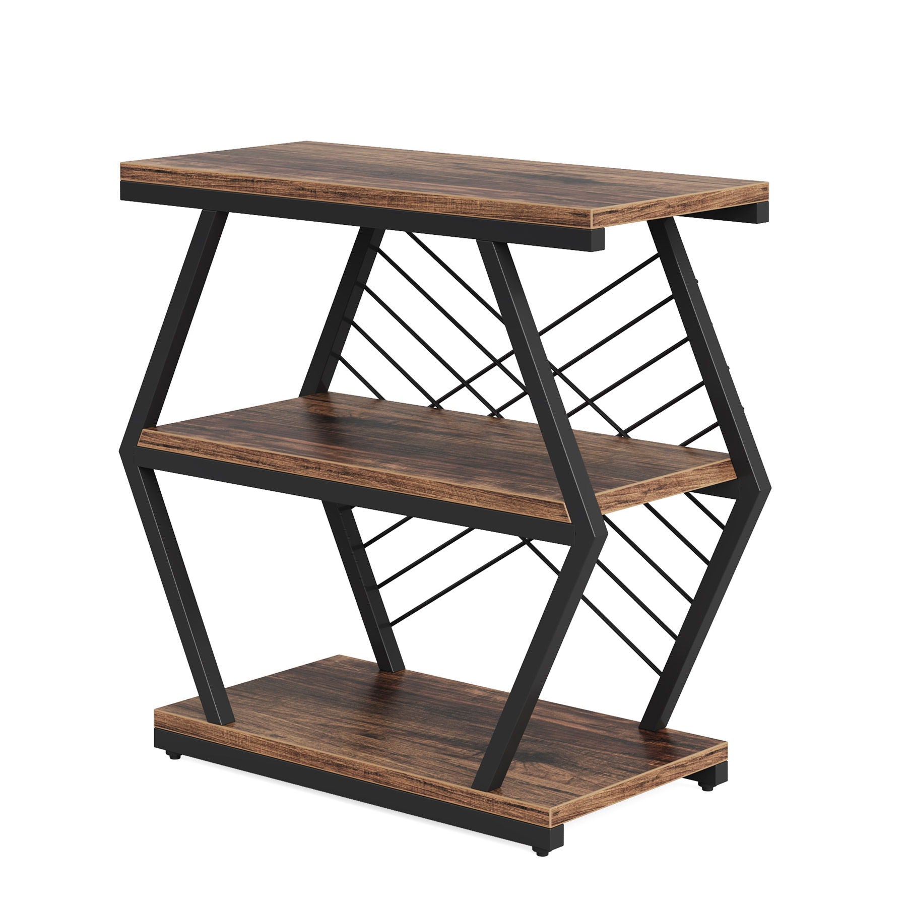 3 Tier End Table Frame With Geometric Design For Living Bedroom - Rustic Brown