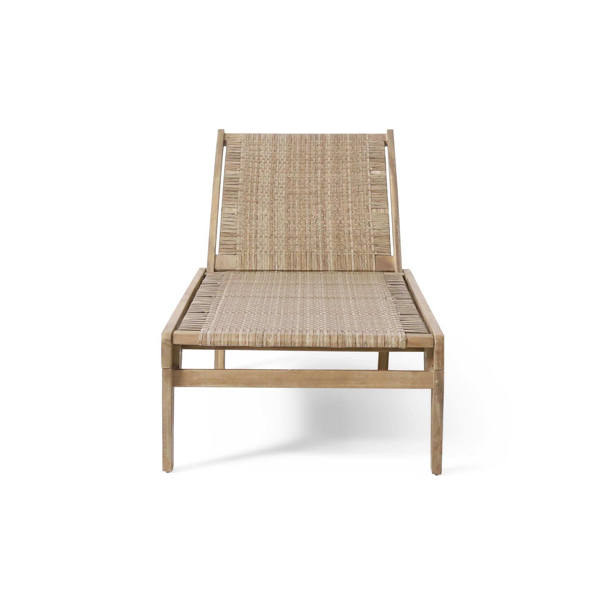 Outdoor Rattan Wicker Chaise Lounge With Acacia Wood Frame - Light Brown