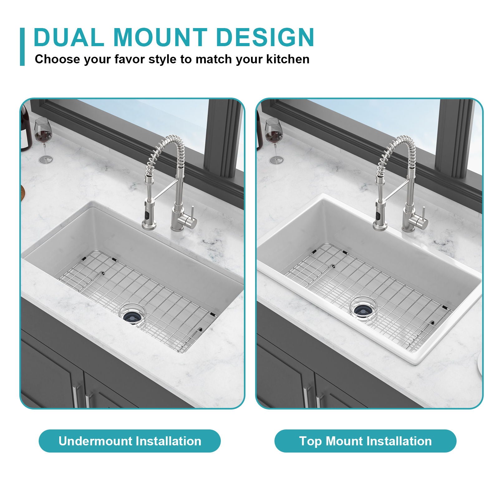 Rectangular Deep Single Bowl, Kitchen Sink With Dual Mount Installation