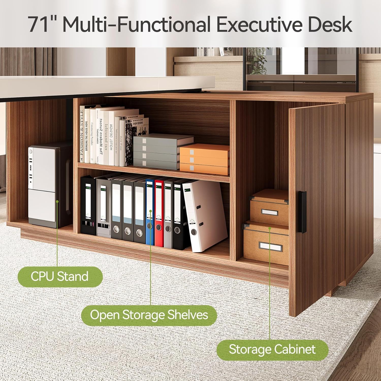 L-Shaped Executive Desk With Storage Cabinet, Home Office Workstation With Shelves - White / Walnut