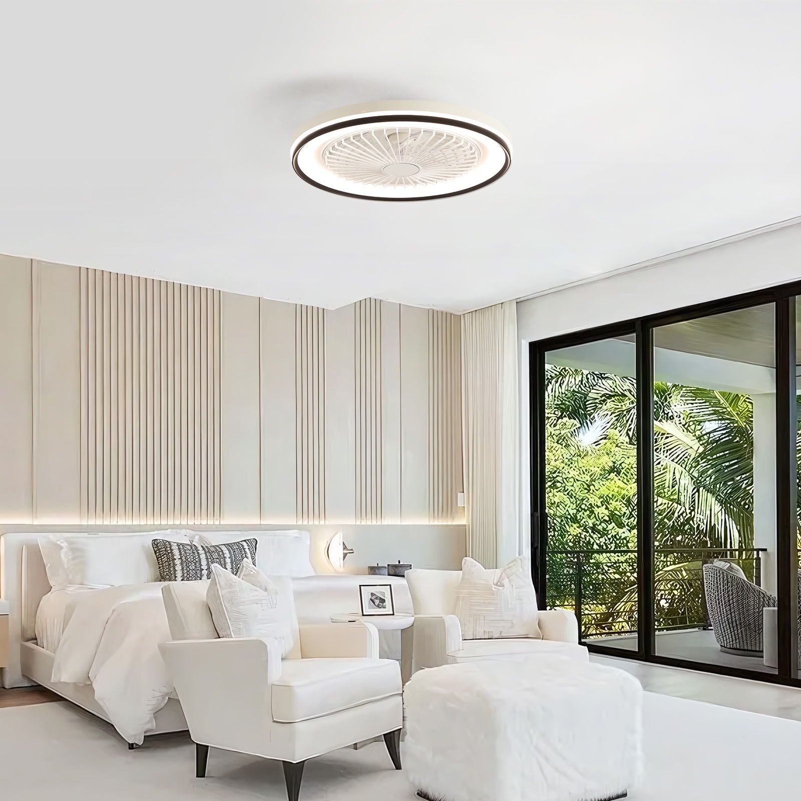 RGB Dimmable LED Enclosed Ceiling Fan With Light Flush Mount Bladeless, 6 Speed, Remote Control - White