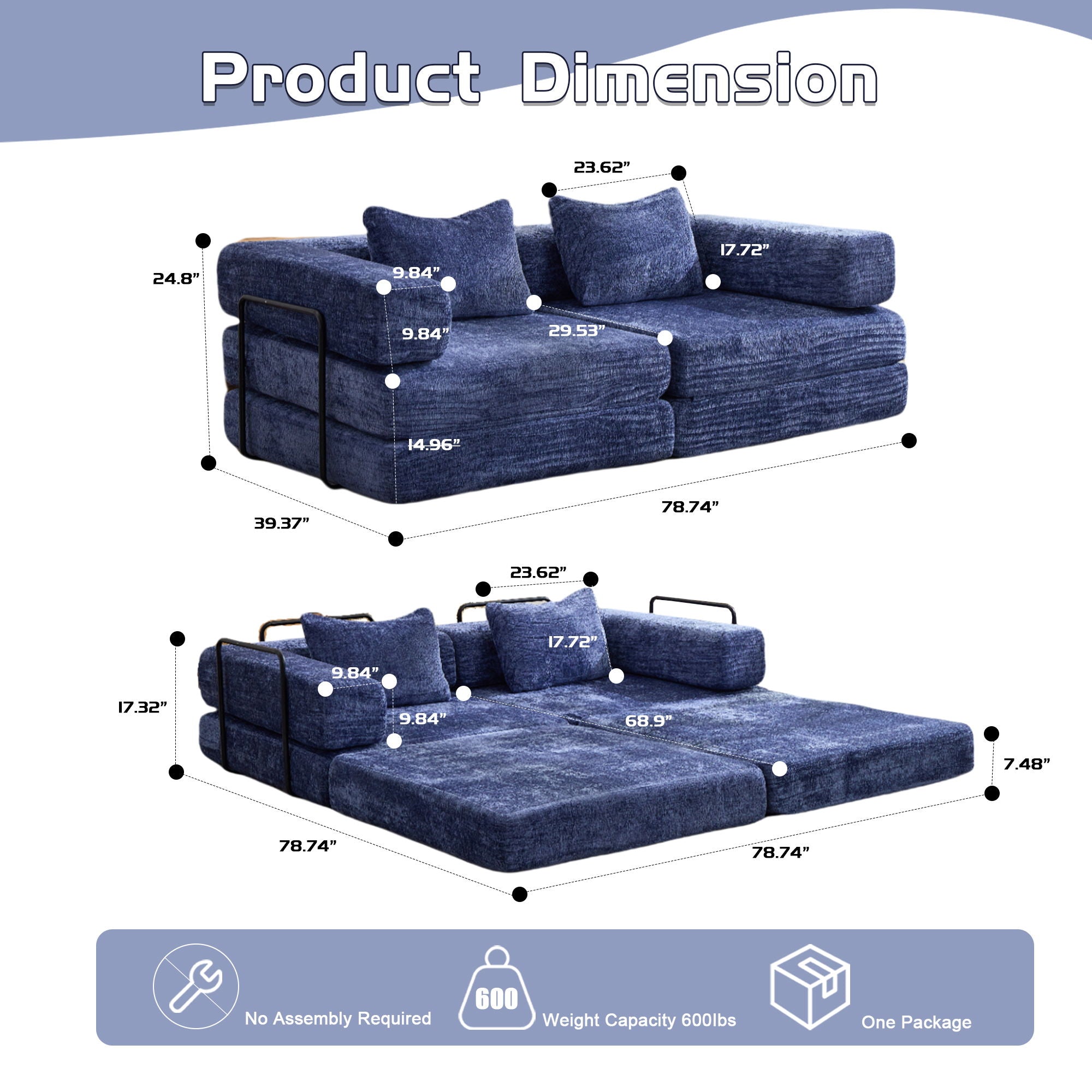 Convertible Floor Sofa Bed With Fixed Shape Frame, Loveseats Boneless Modular Sectional, For Living Room - Dark Blue
