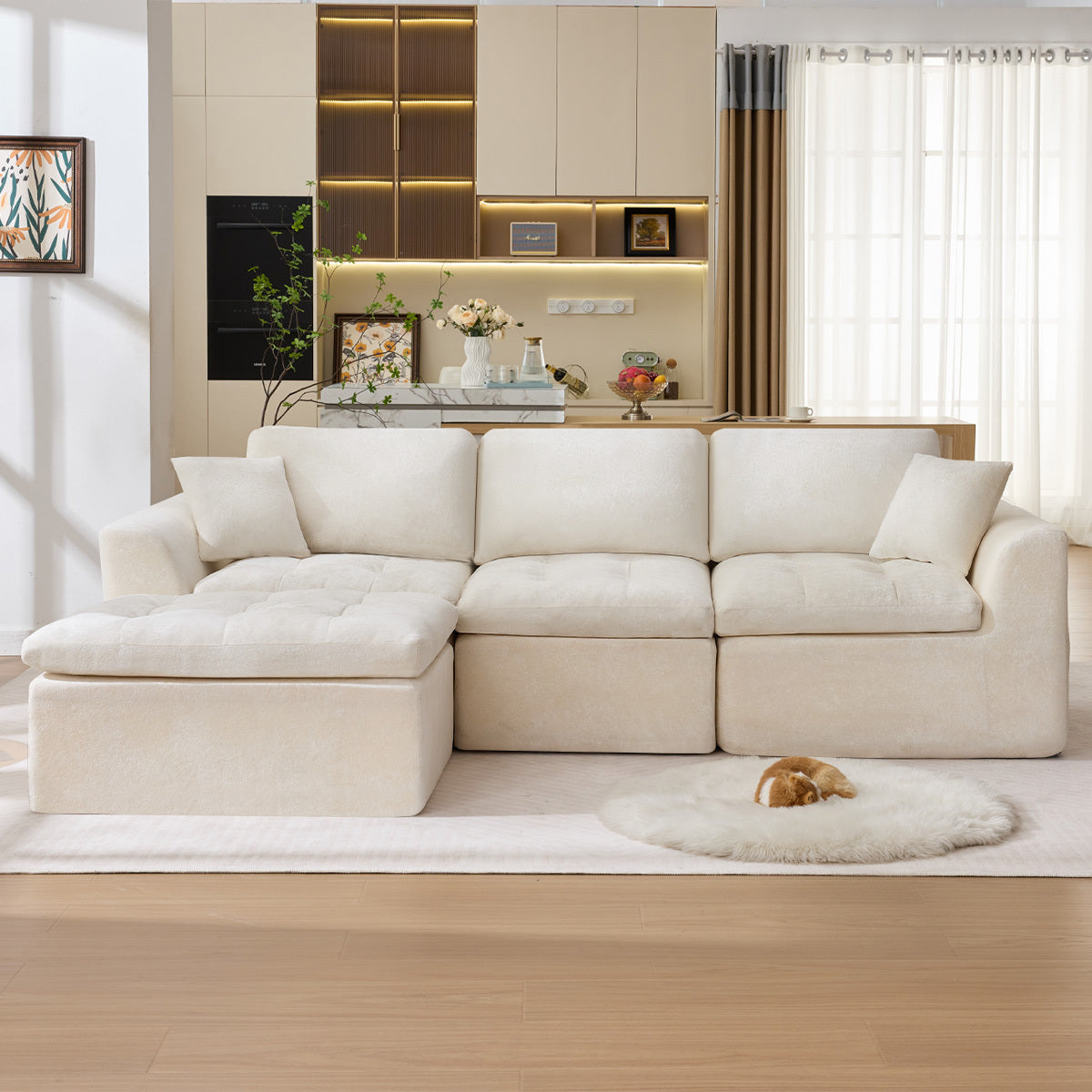 110' Cloud Sectional Couch for Living Room, Upholstered L-Shape Modular Sofa with Movable Ottoman, 3-Seater Deep-Seat Foam Couch, Comfortable Convertible Sectional for Home & Apartment