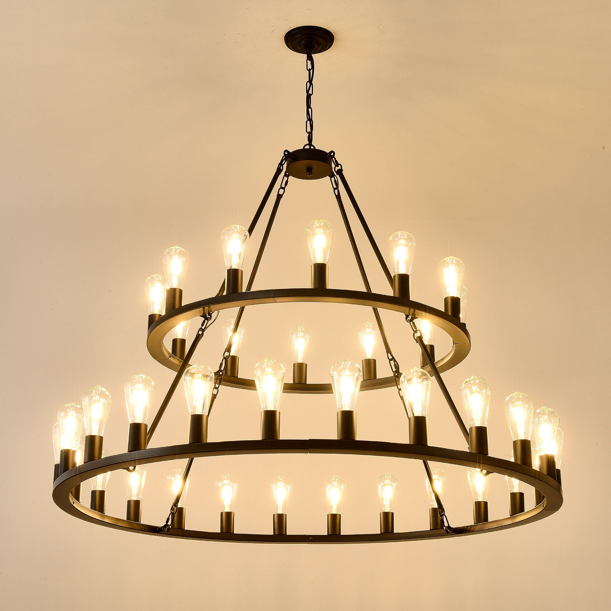 Extra Large Wagon Wheel Chandelier, 2 Tier 36 Lights (No Include) Farmhouse Industrial Round High Ceiling Pendant Light Adjustable Chain, For Dining Room, Living Room, Kitchen - Black
