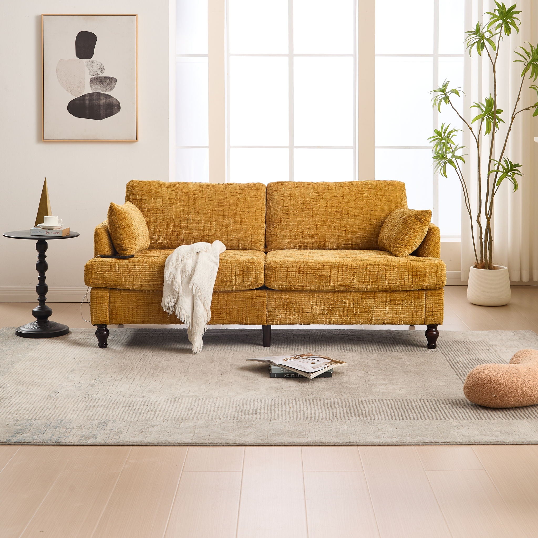 Chenille 2 Seater Sofa With LED Light, USB Charging Port, And Storage Bag