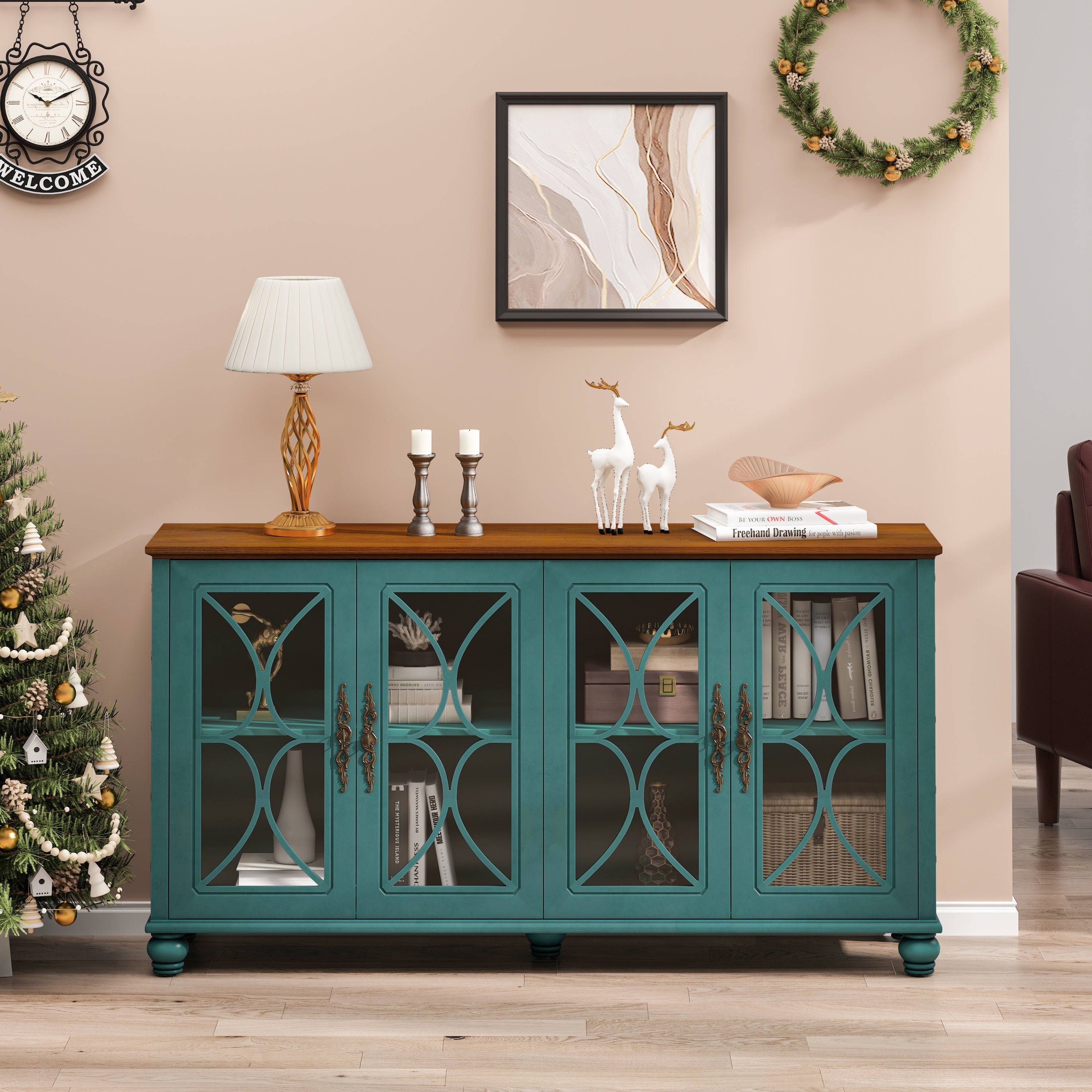 Elegant European Antique Style 4-Door Cabinet with Tempered Glass Doors, Dark Green MDF with Wood Veneer and Solid Wood Legs, 59.45L x 15.75W x 31.89H inches