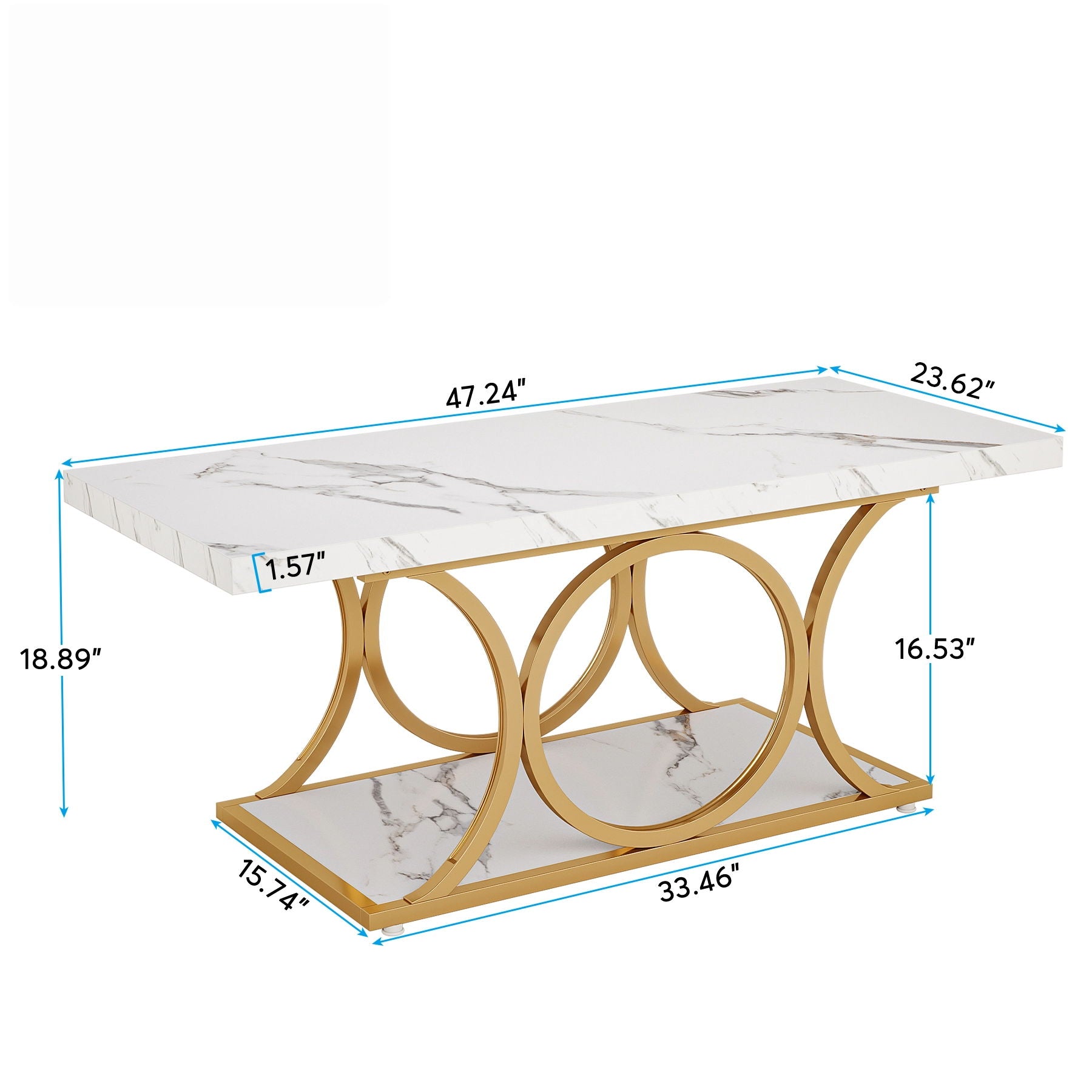 Rectangle Coffee Table, 2 Tier With Geometric Legs, Furniture With Storage Shelf - White / Gold
