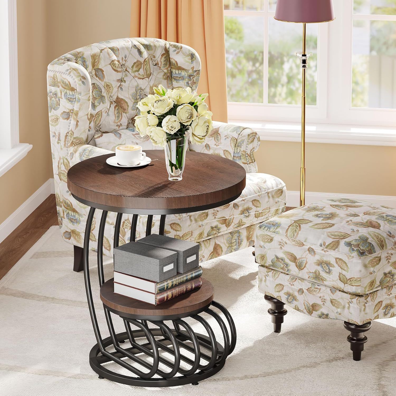 Round Vintage End Table With 2 Tier Storage