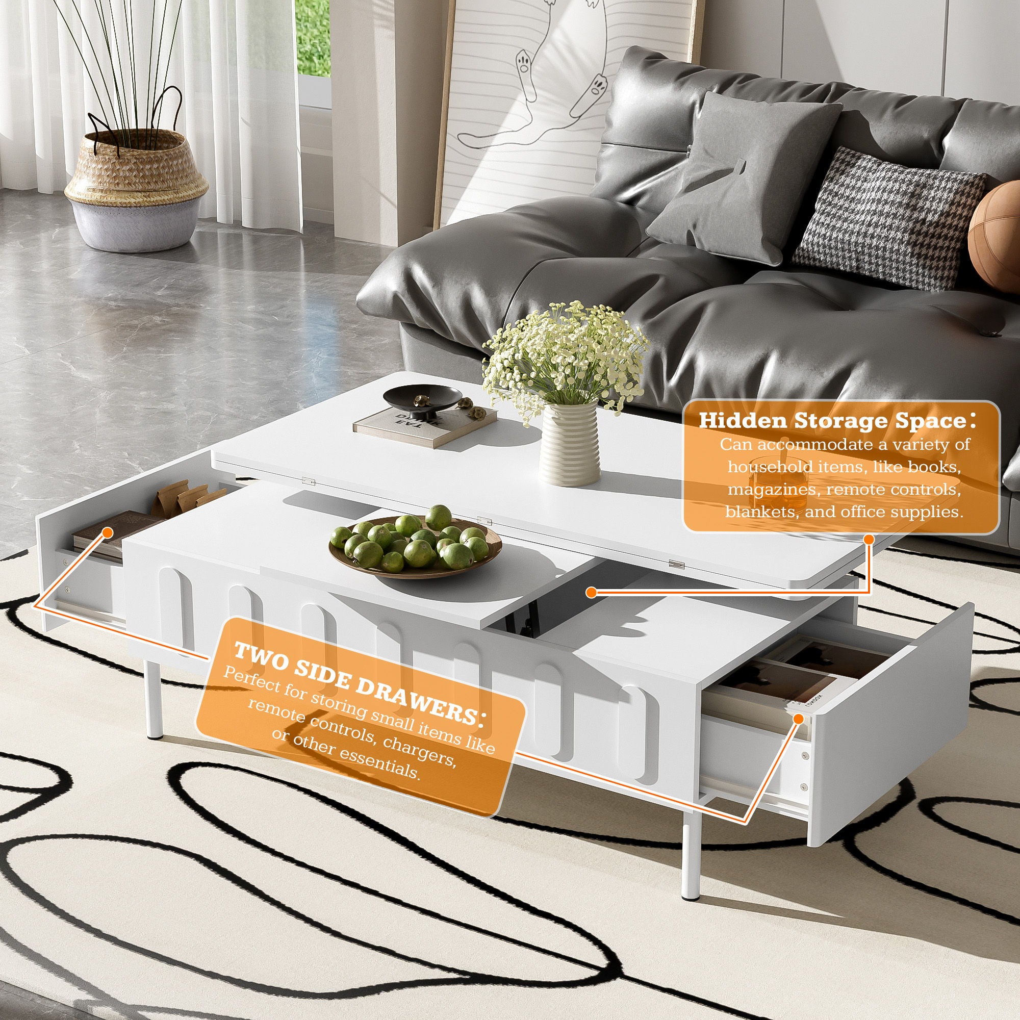Lift Top Coffee Table With 2 Drawers With Hidden Storage Compartment For Living Room