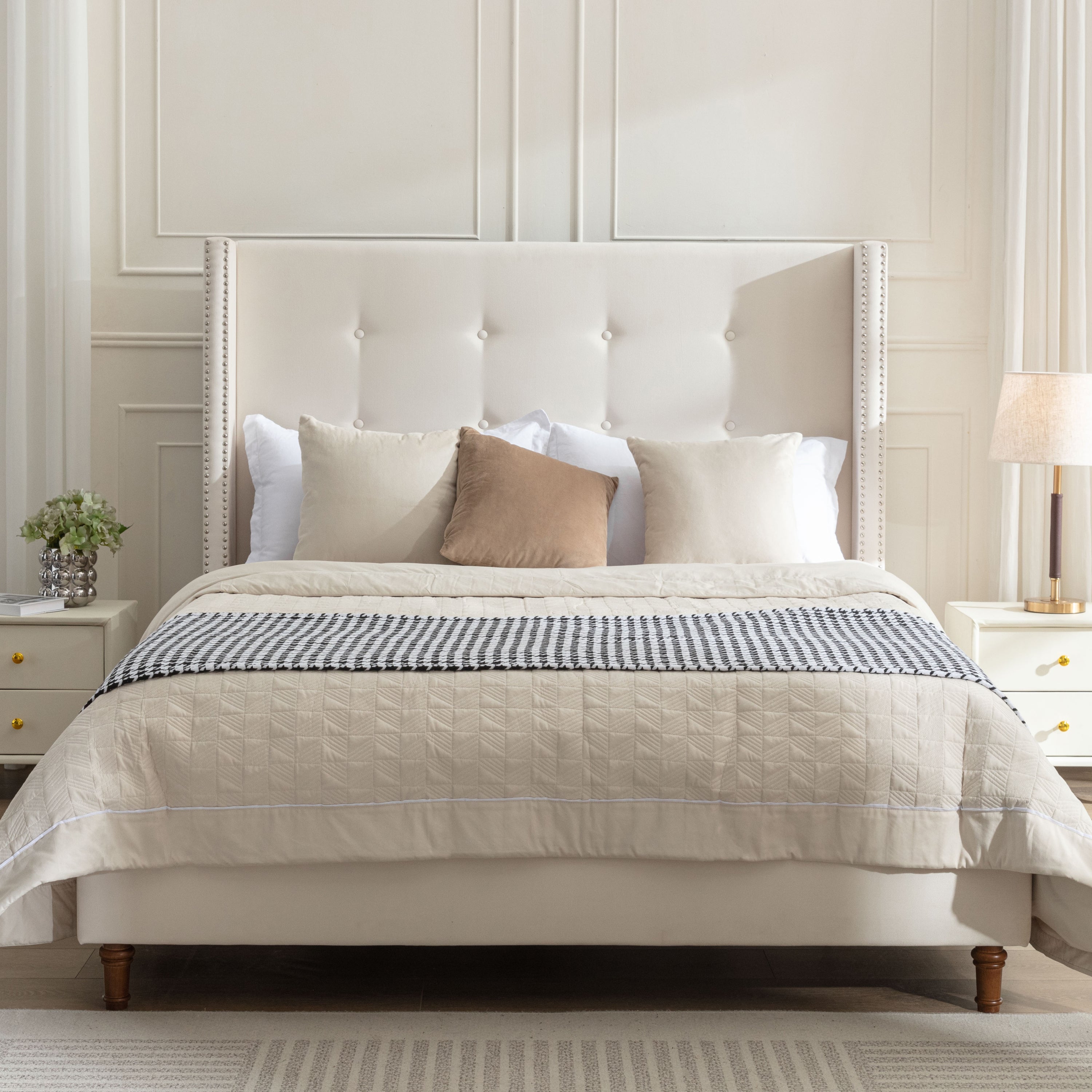 Luxury Wingback Upholstered Bed Frame – King or Queen Sizes, Ivory or Navy Fabric