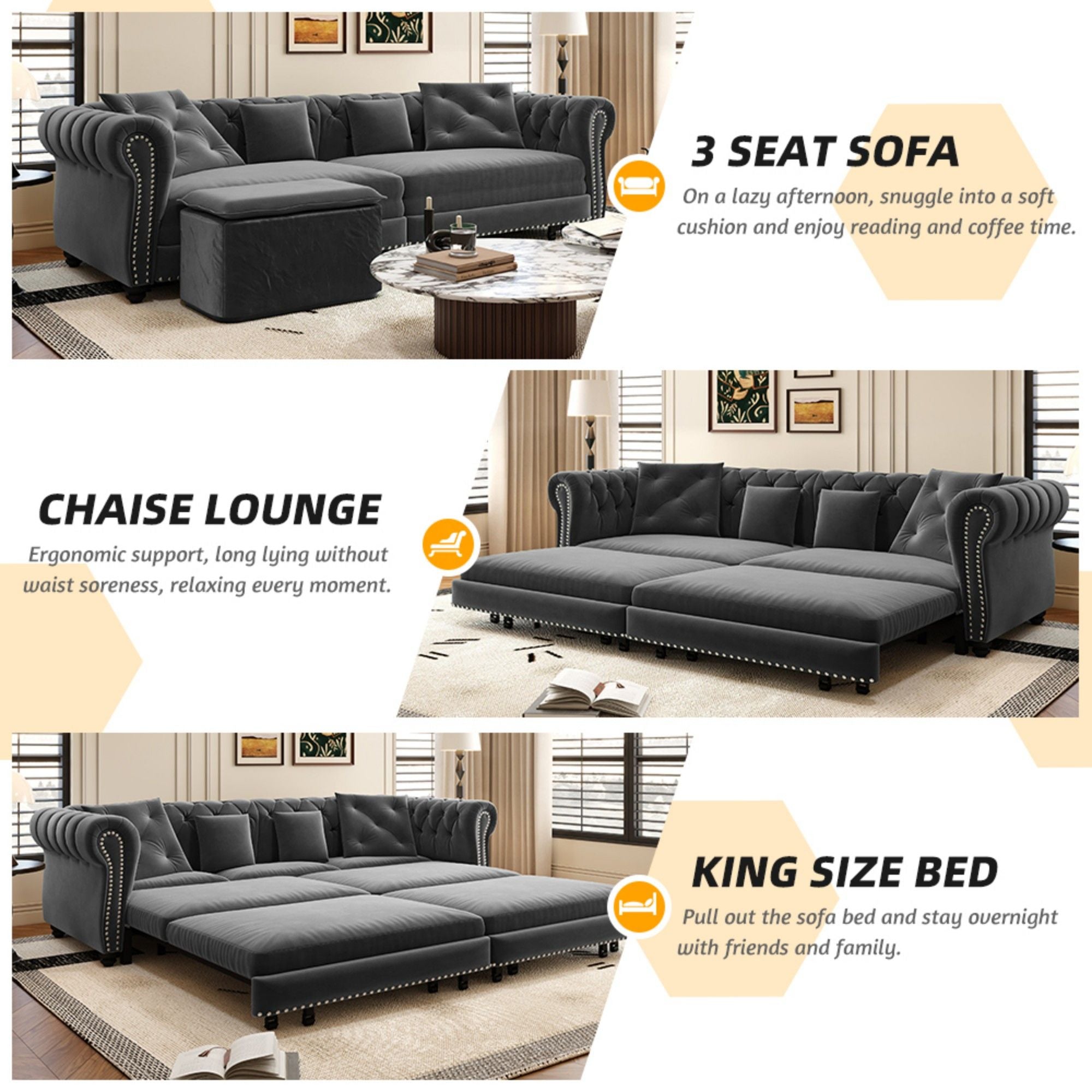 3 In 1 Pull Out Sofa Bed, Convertible Sleeper Sofa Bed, 3 Seater Sofa With Movable Ottoman - Gray