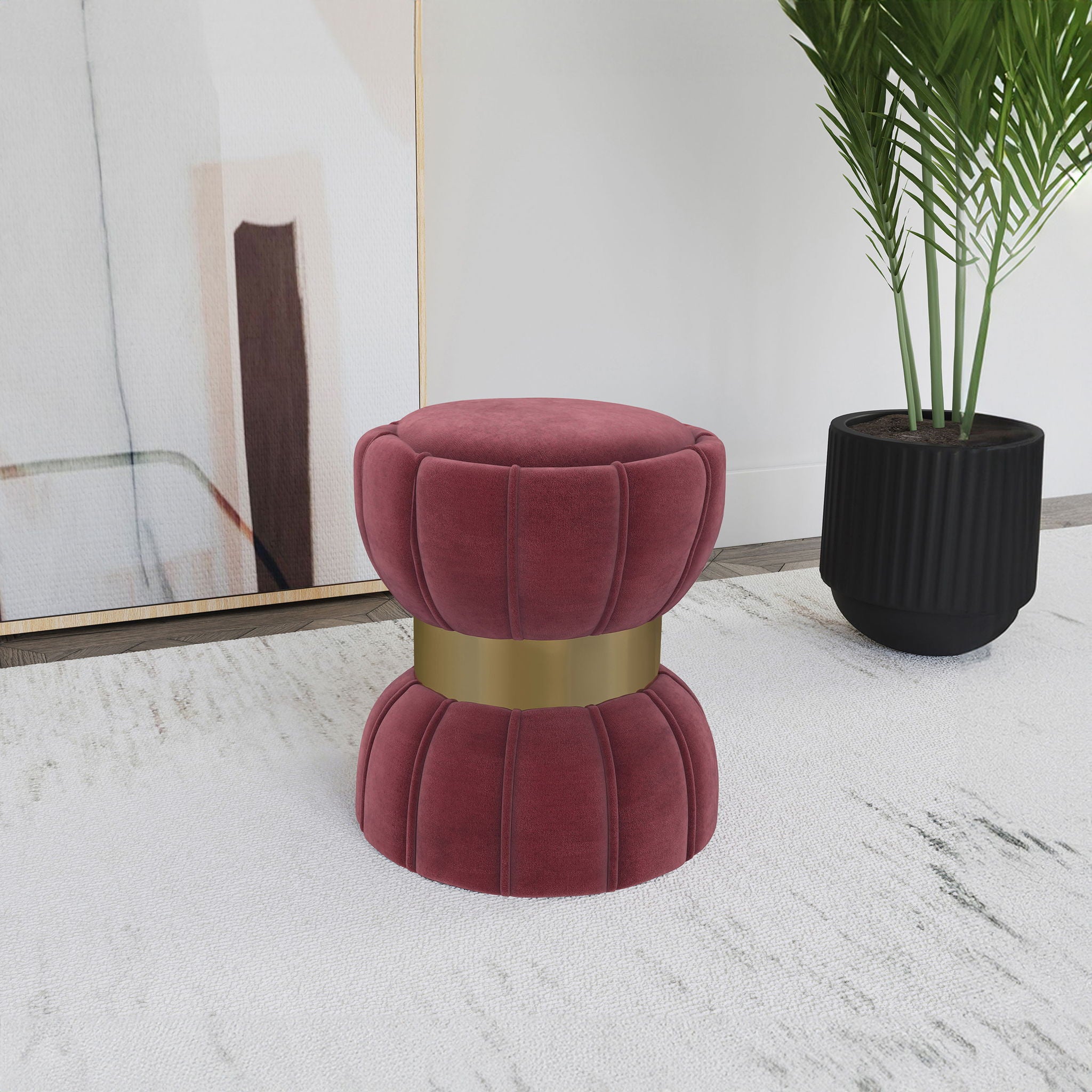 Round Upholstered Ottoman Pouf With Velvety Soft Upholstery