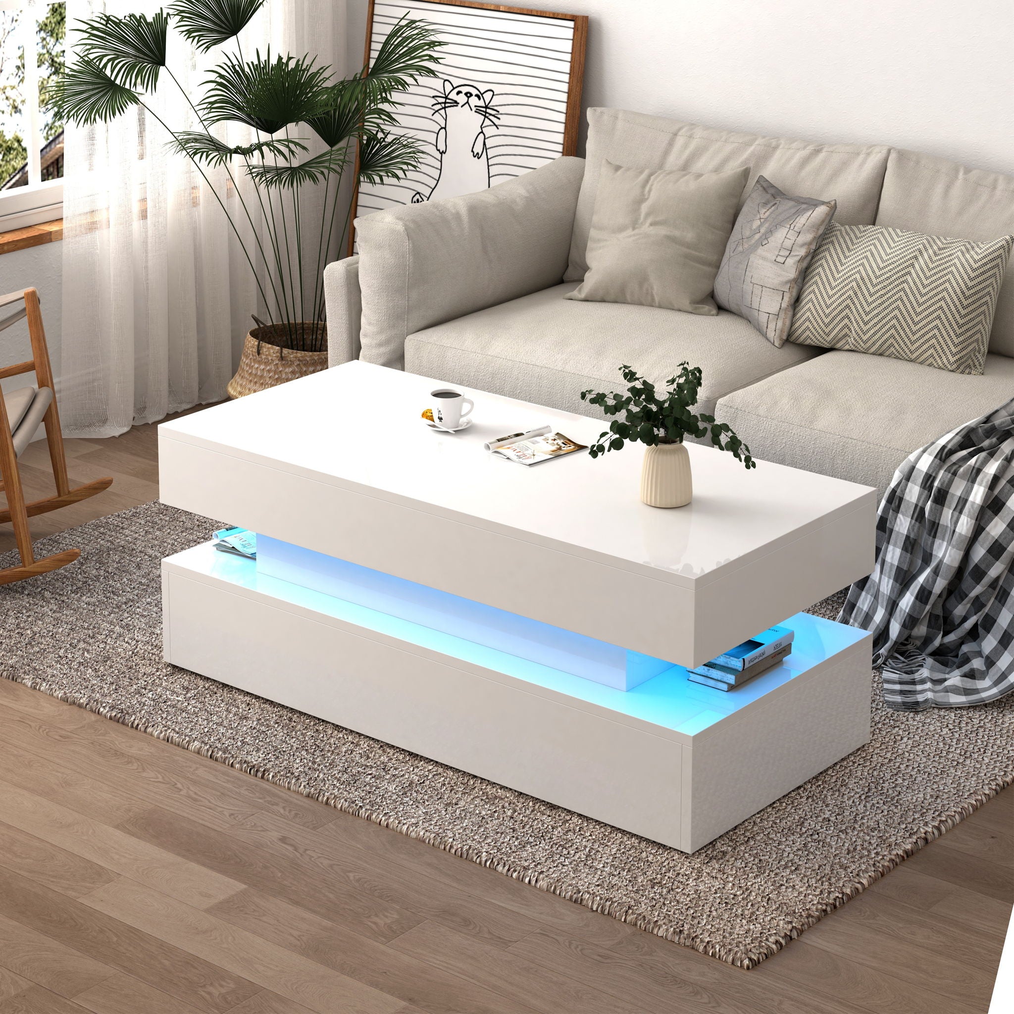 Contemporary Foldable Coffee Table With Drawers And LED, 3 Tier Design