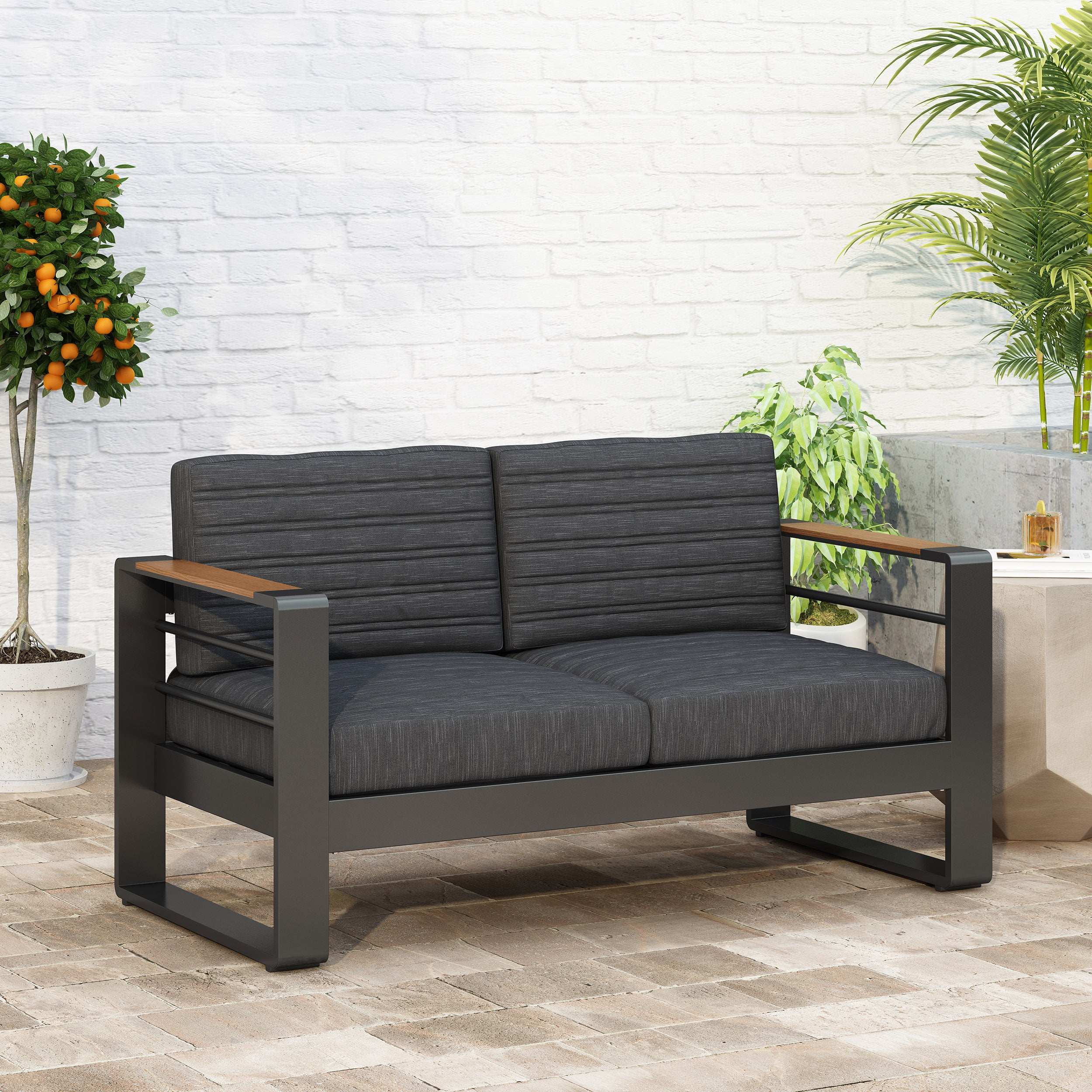 Loveseat with Slat Paneling and Aluminum Frame, Black