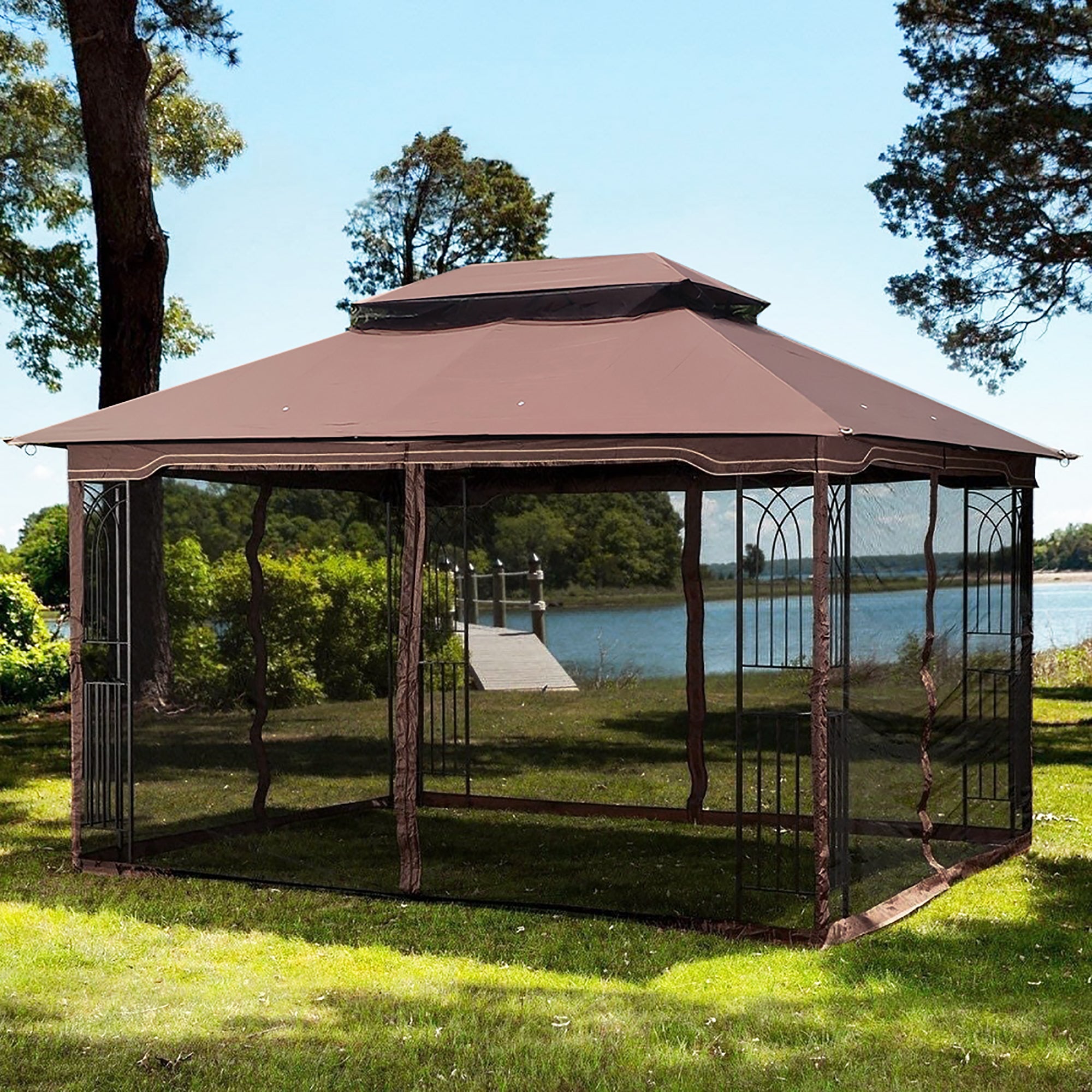 13x10 Brown Patio Gazebo Canopy Tent with Mosquito Net
