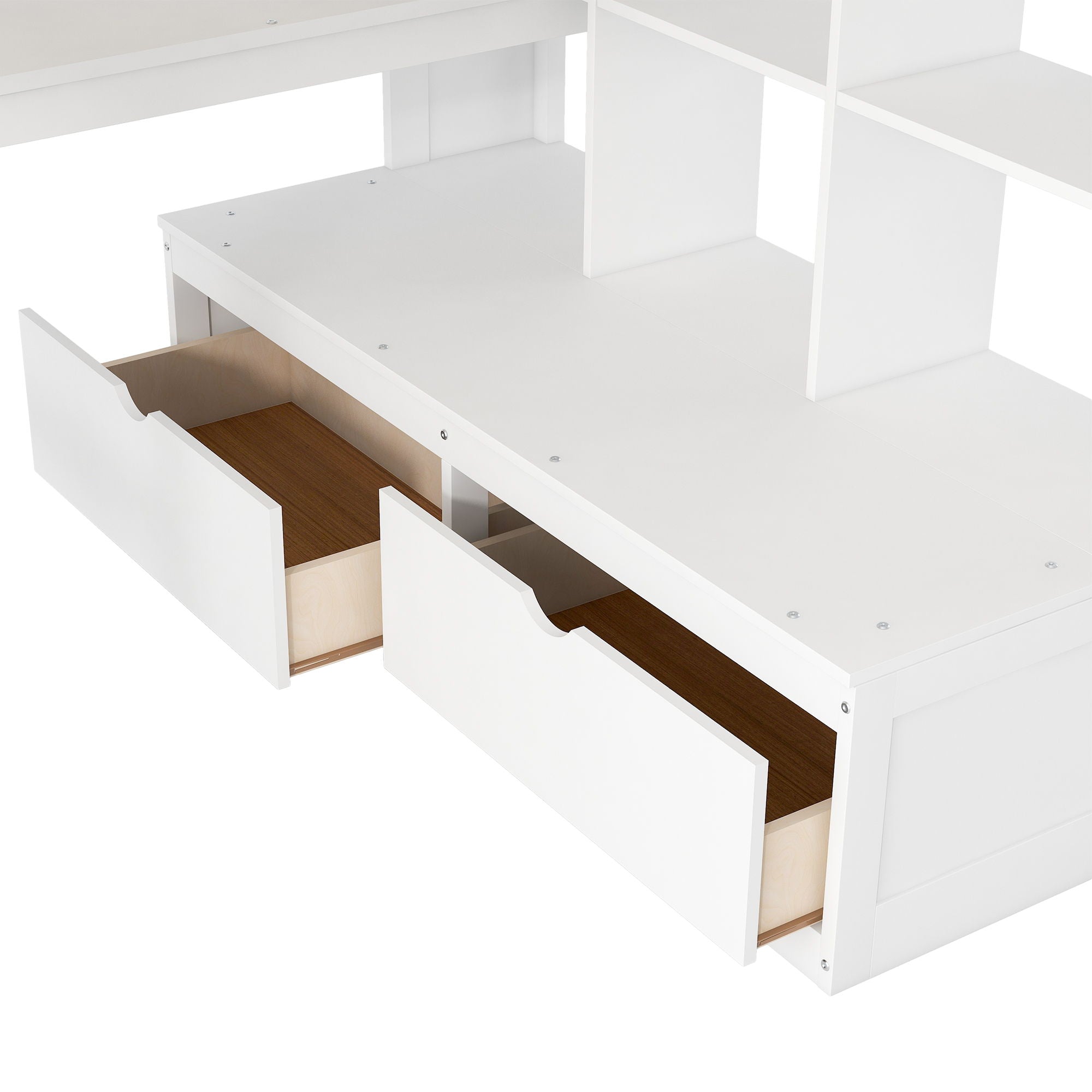 Full Size Loft Bed With Desk And Shelves, 2 Built In Drawers, Storage Staircase - White