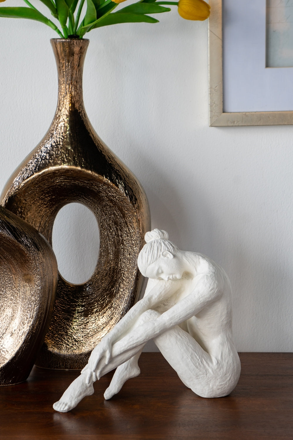 10.5x4.5x9' Seated Stone and Resin Woman Figurine with Smooth White Finish