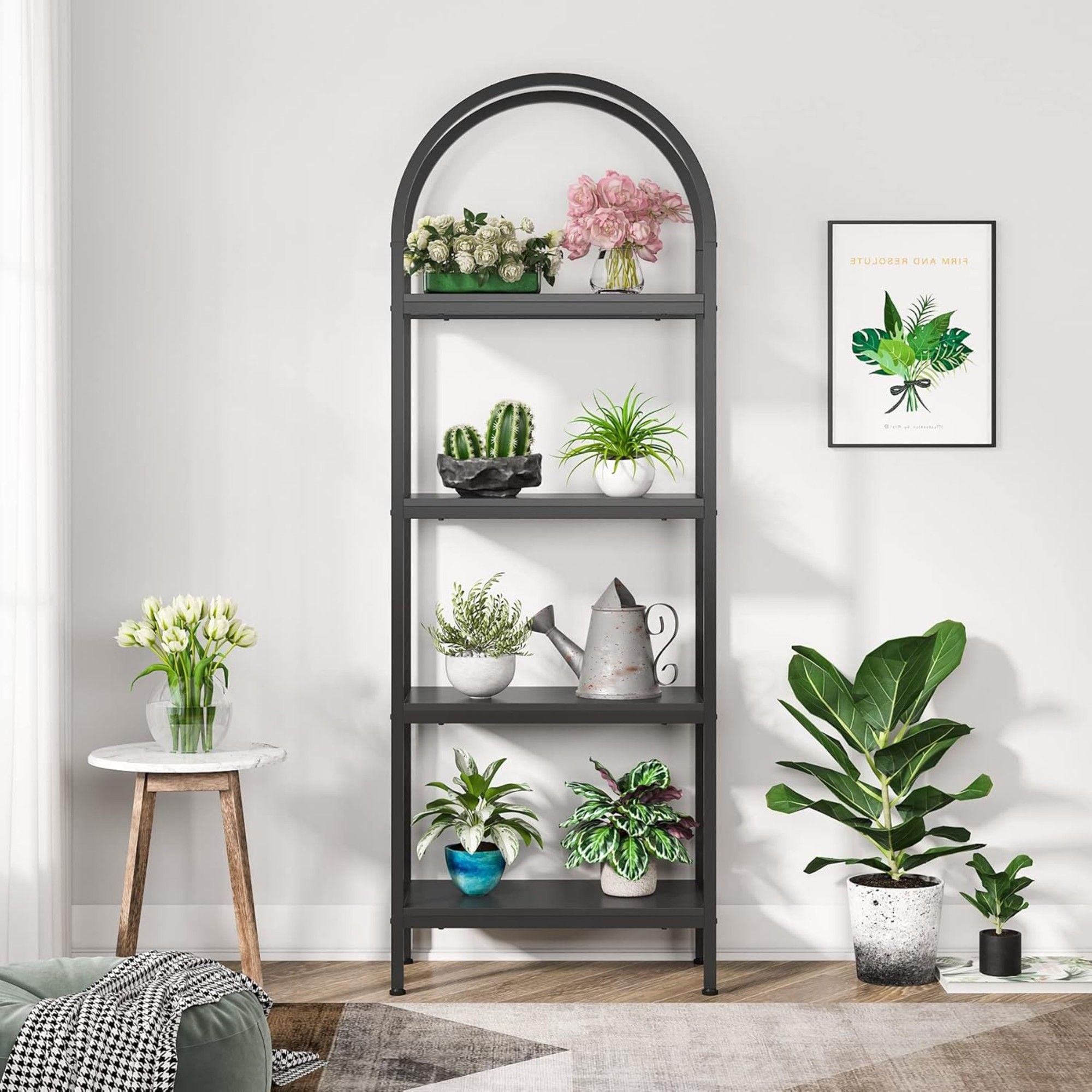 Tall 4 Tier Arched Open Bookshelf Storage Rack - Black