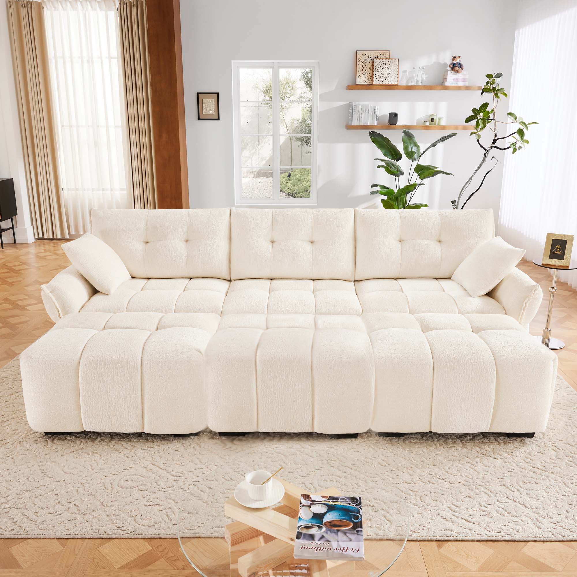 Sofa Set With Ottoman And Pillows, Textured, High Resilience Cushions
